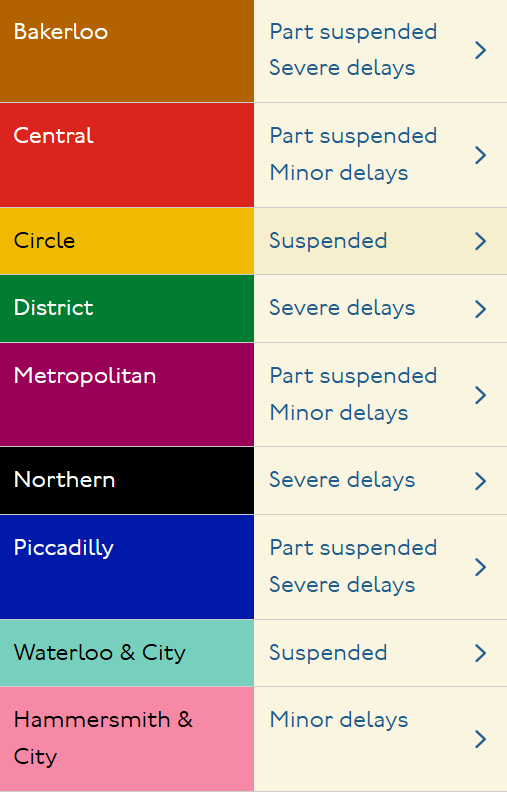 Services are currently suspended on the Circle, District, Hammersmith & City, Metropolitan, Northern, and Hammersmith & City lines.