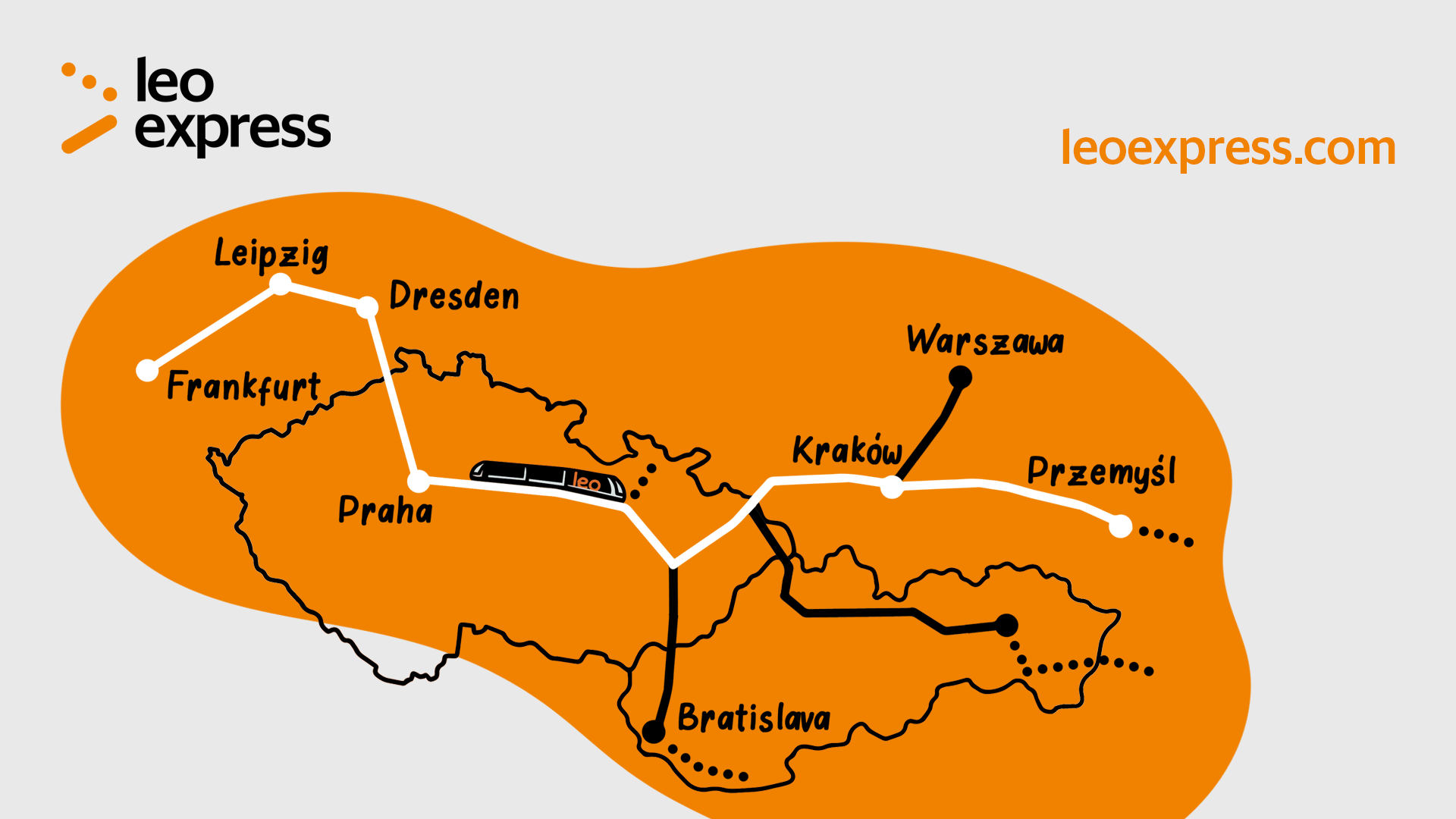 Map of the Leo Express train connection between Frankfurt and Przemyśl (Leo Express)