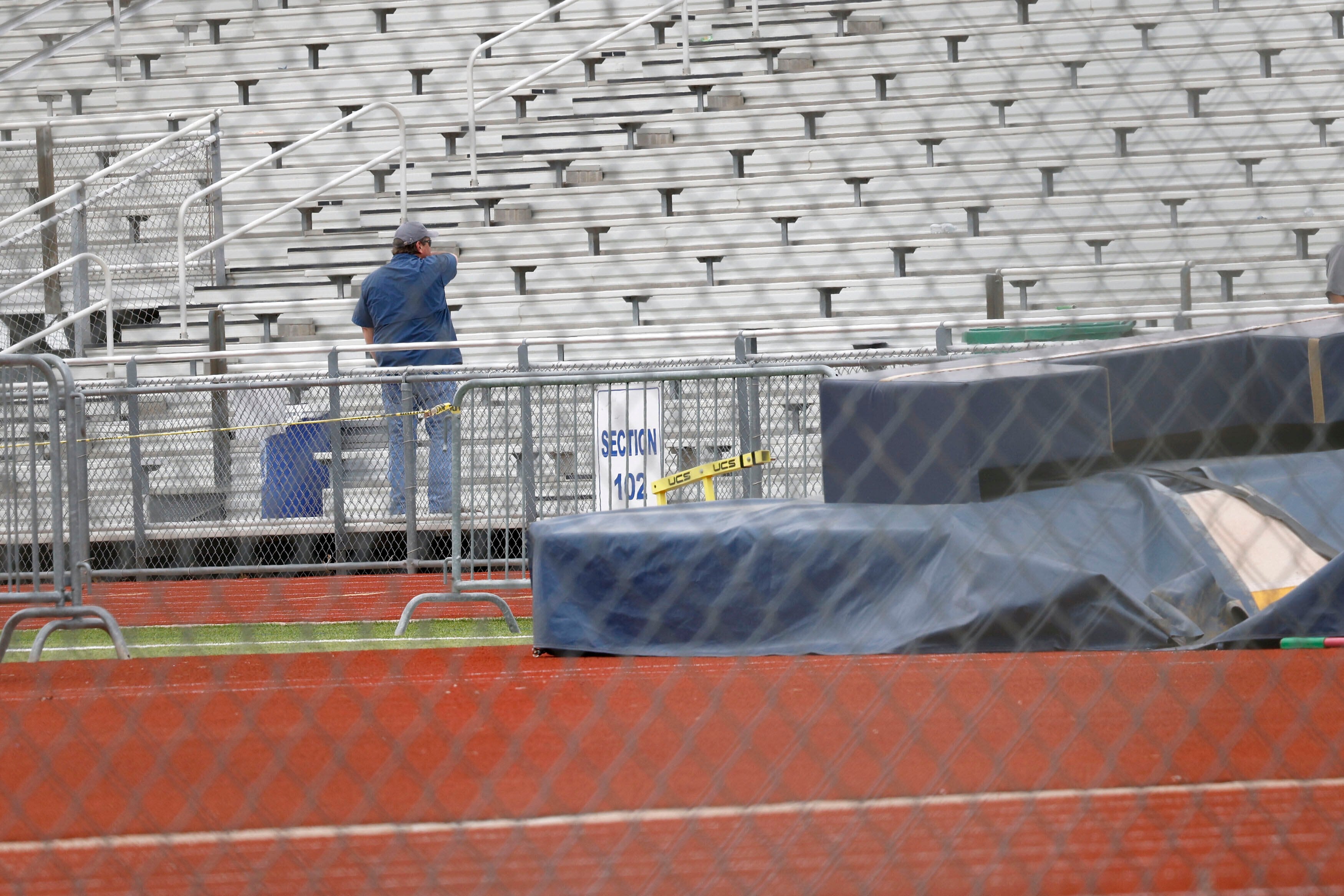 David Kuykendall Stadium's stands are seen on April 2, 2025, in Frisco, Texas, after the District 11-5A track meet that was being held there was postponed after a Frisco Memorial athlete was stabbed and killed (Chitose Suzuki/The Dallas Morning News)