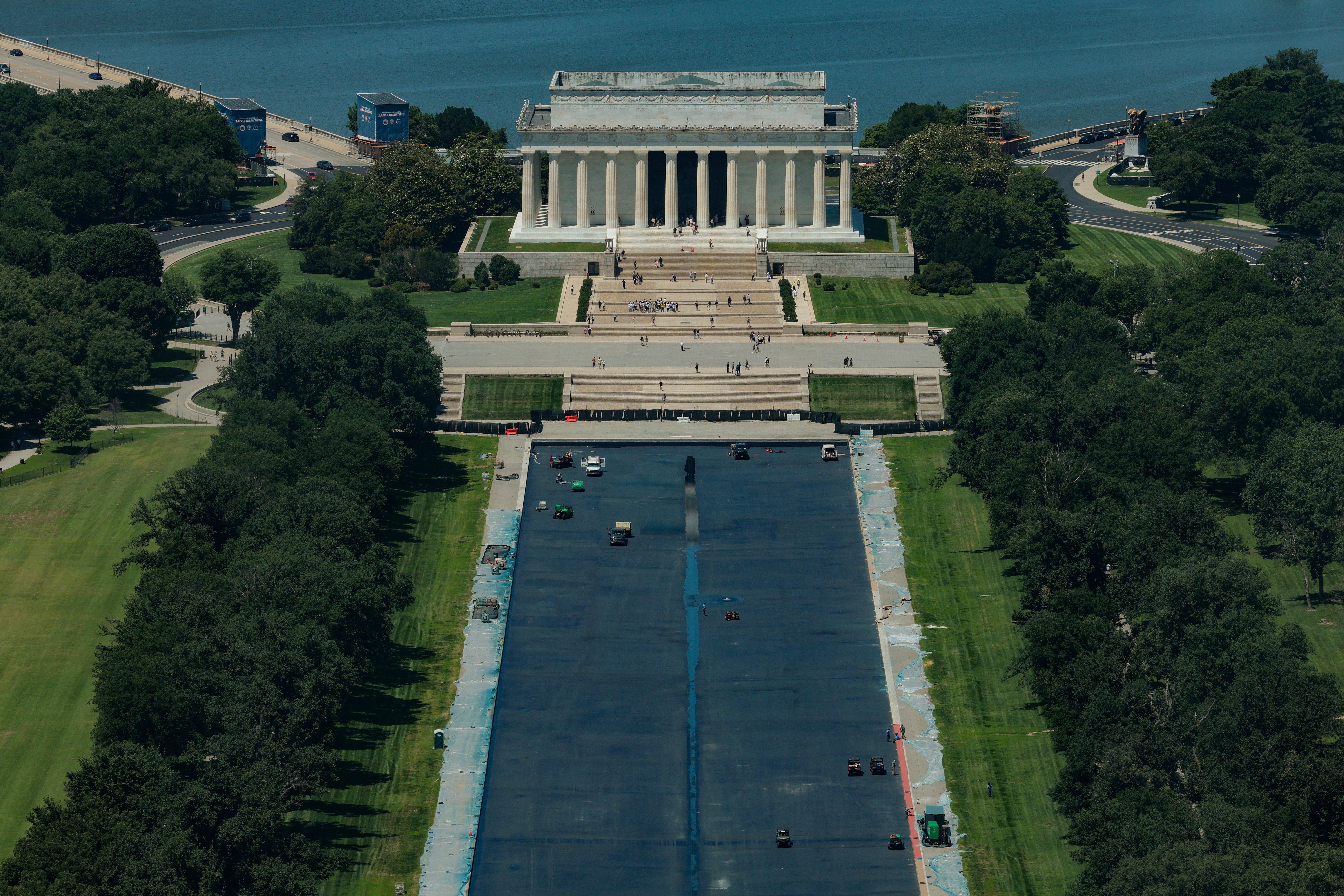 Trump said the work to paint the shallow basin a deep ‘American flag blue’ was finished on Wednesday