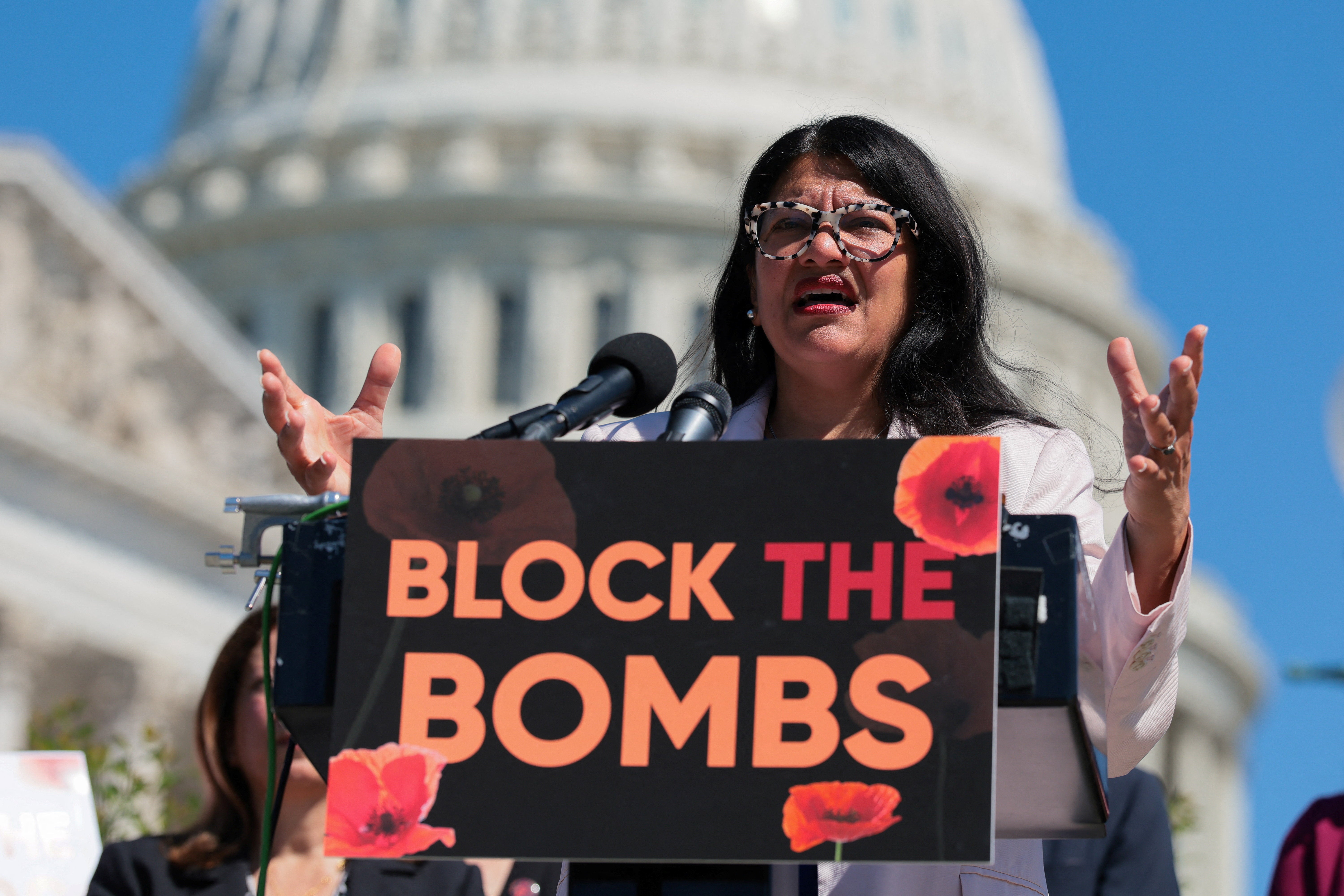U.S. Representative Rashida Tlaib (D-MI) speaks during an event marking the one year anniversary of the Block the Bombs Act, on the House Triangle on Capitol Hill in Washington, D.C., U.S., June 4, 2026. REUTERS/Kylie Cooper (Reuters)