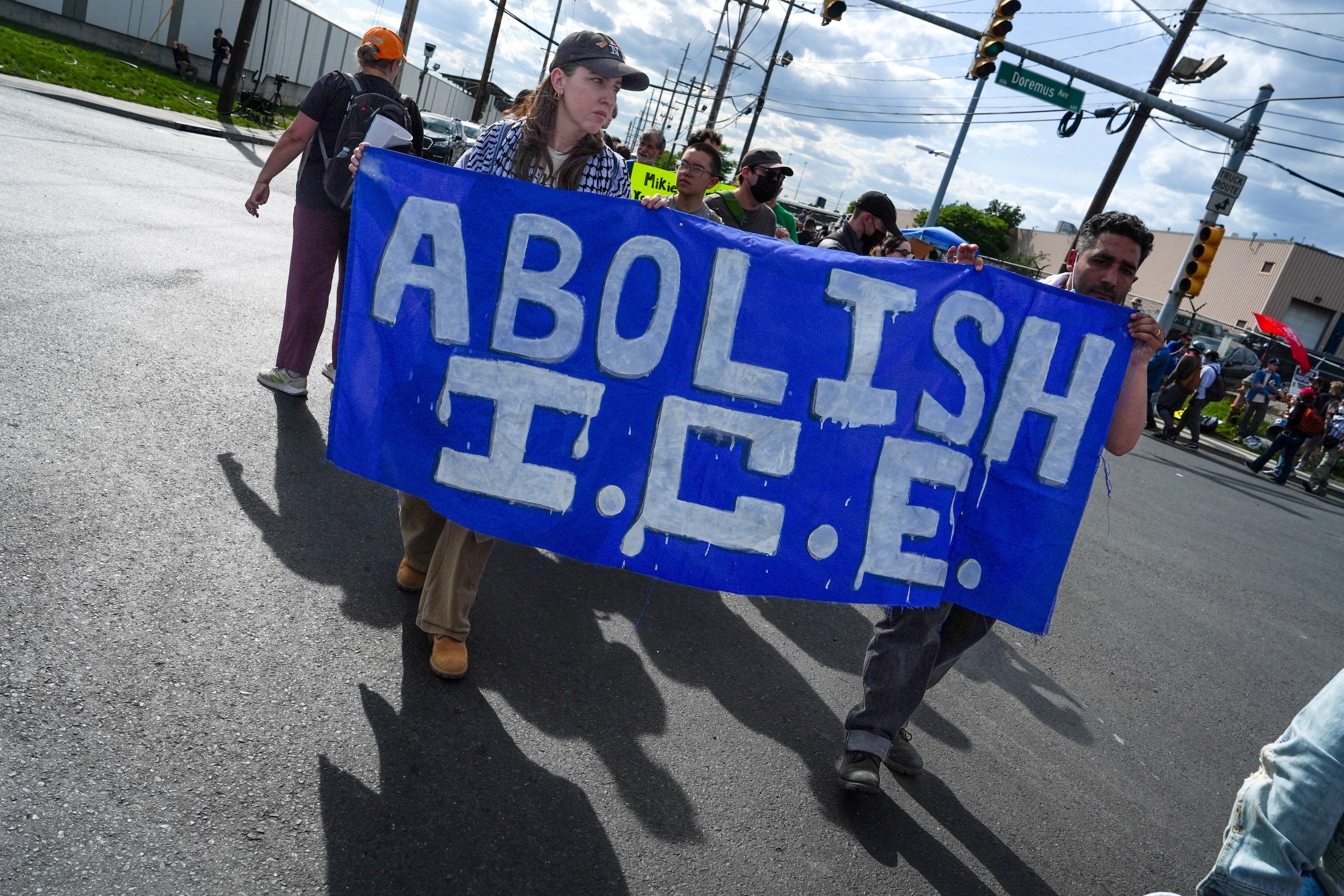 Anti-ICE protesters demonstrate outside Delaney Hall in Newark, New Jersey