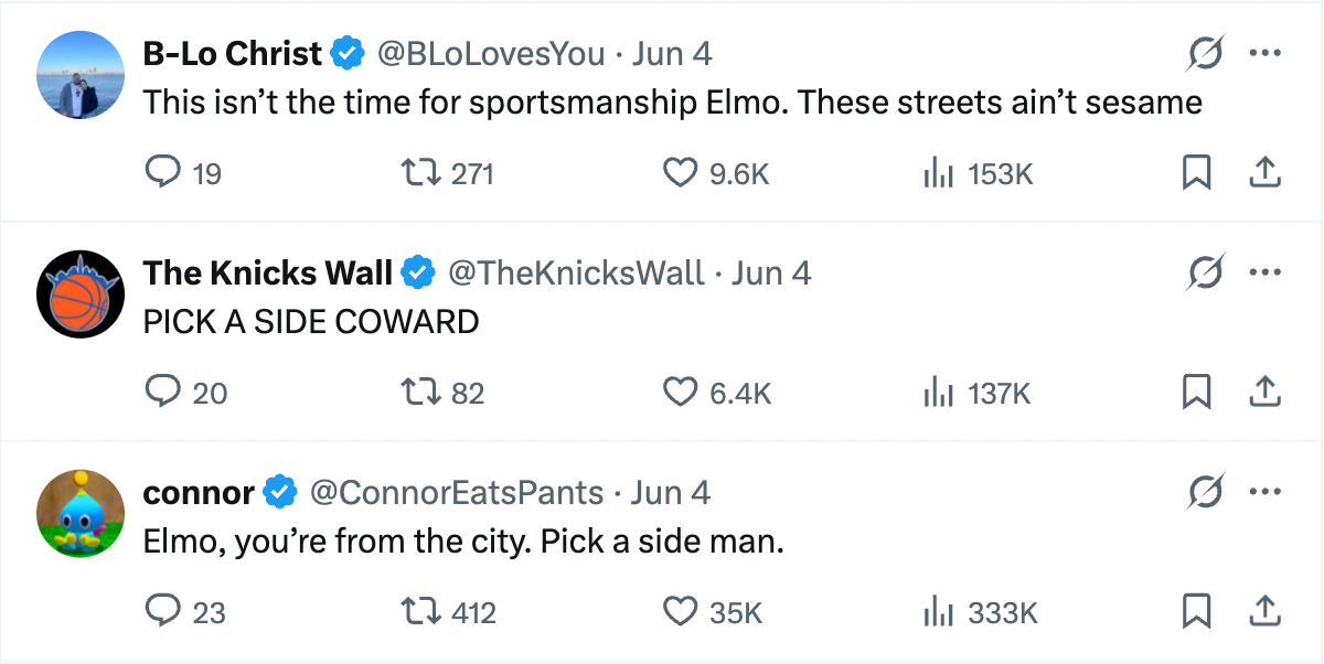 Knicks fans had absolutely no time for Elmo’s impartiality