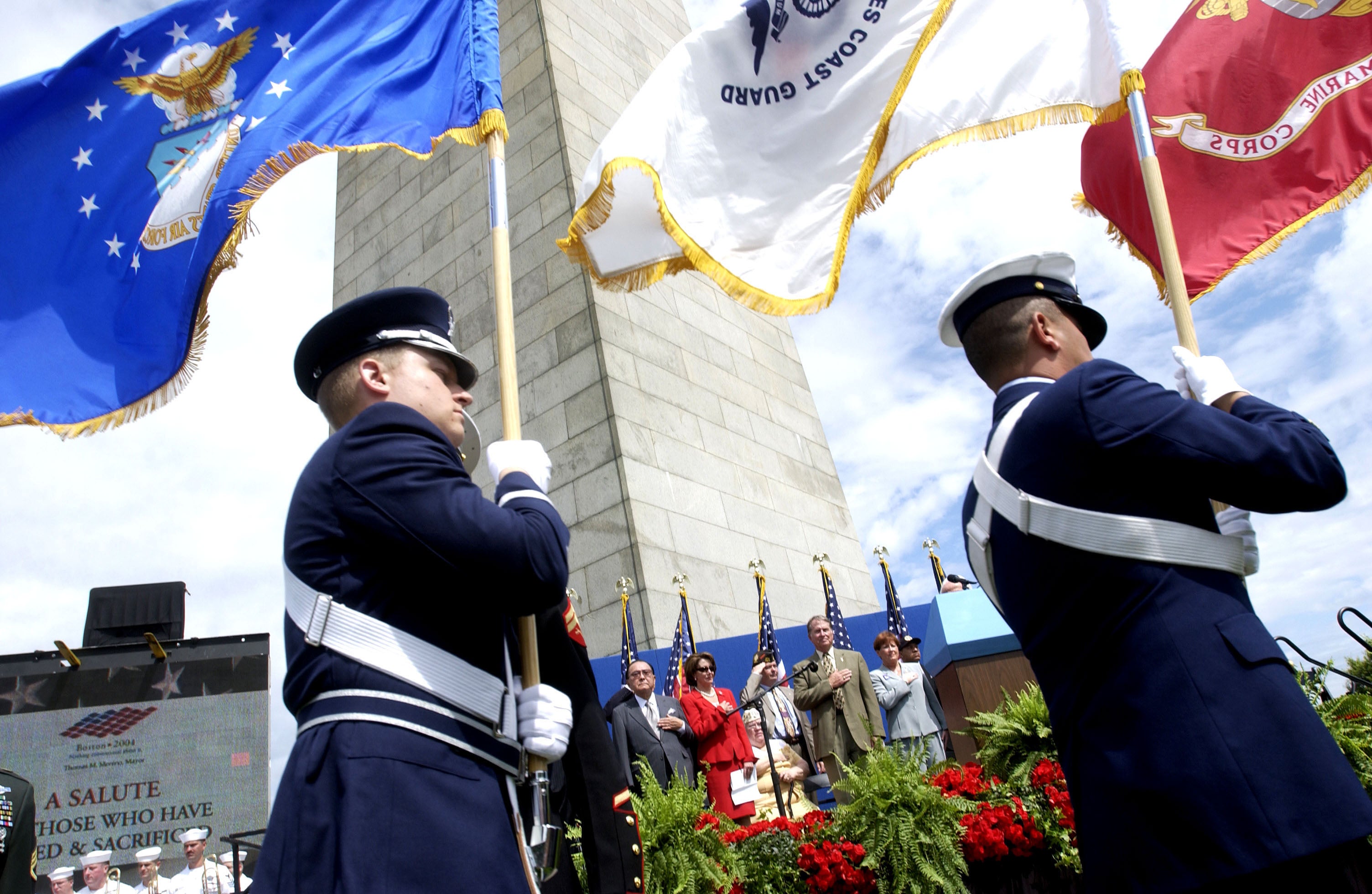 The three quotes slated for removal pertain to slavery, immigrants and commemorating death. Pictured here, an honor guard marches during the opening moments of a 'Salute to Those Who Have Served & Sacrificed' event at the monument in 2004