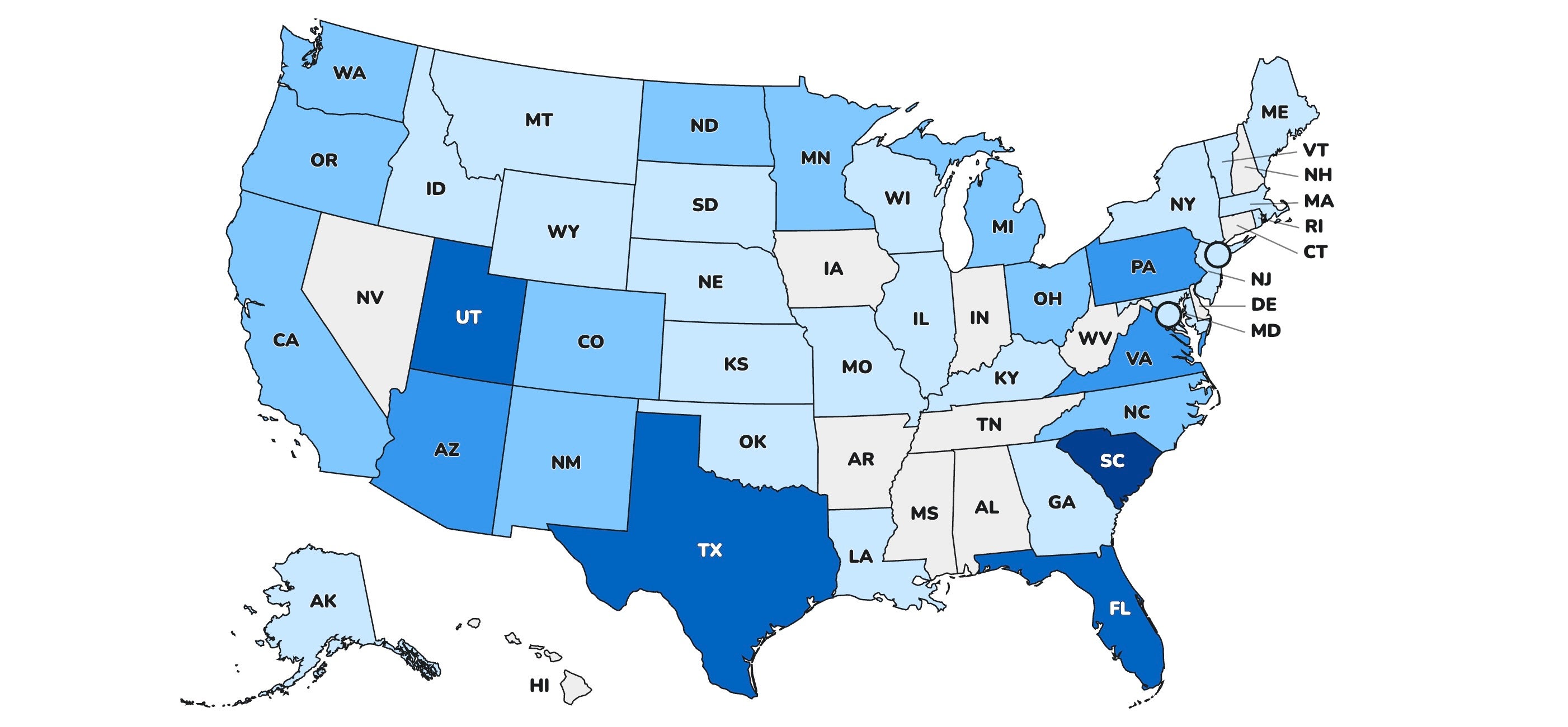 A CDC map shows the states with the most measles cases in the U.S. in 2026. The light grey have the least cases this year and the darkest blue have the most