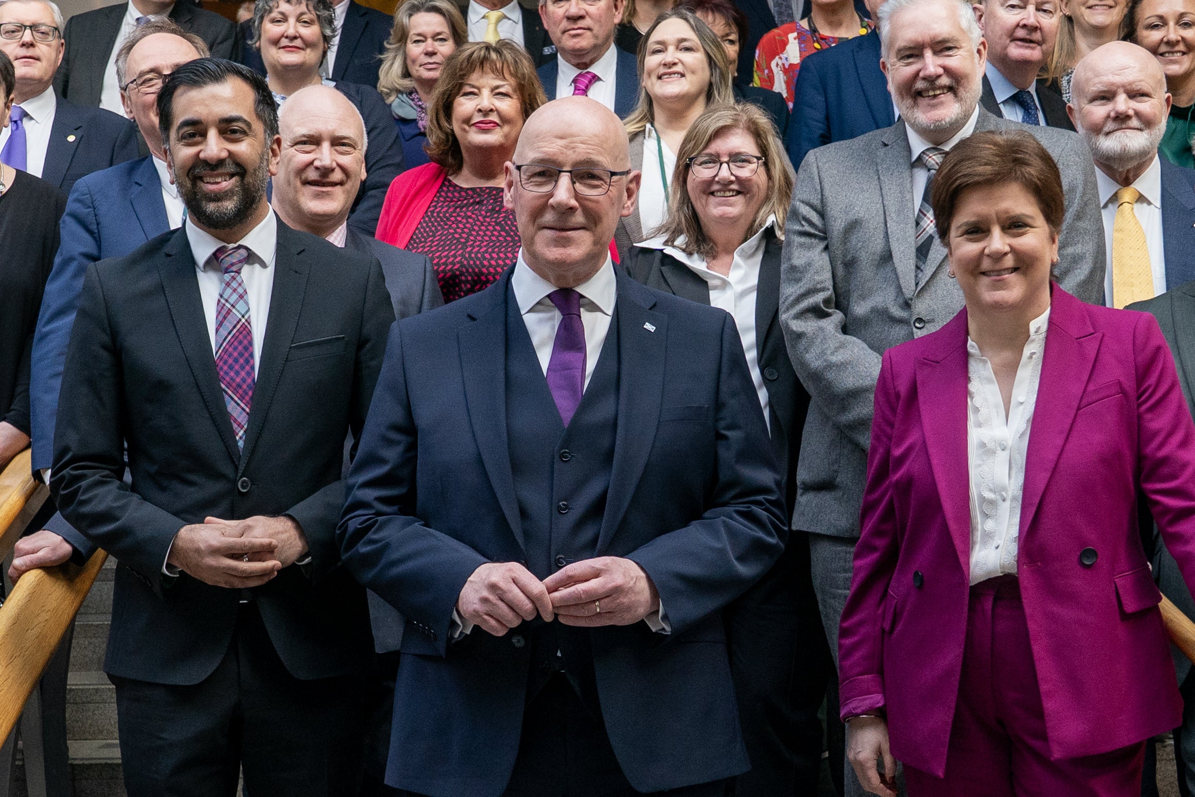 Humza Yousaf, left with his successor as first minister, John Swinney, and former first minister Nicola Sturgeon (Jane Barlow/PA) (PA Wire)
