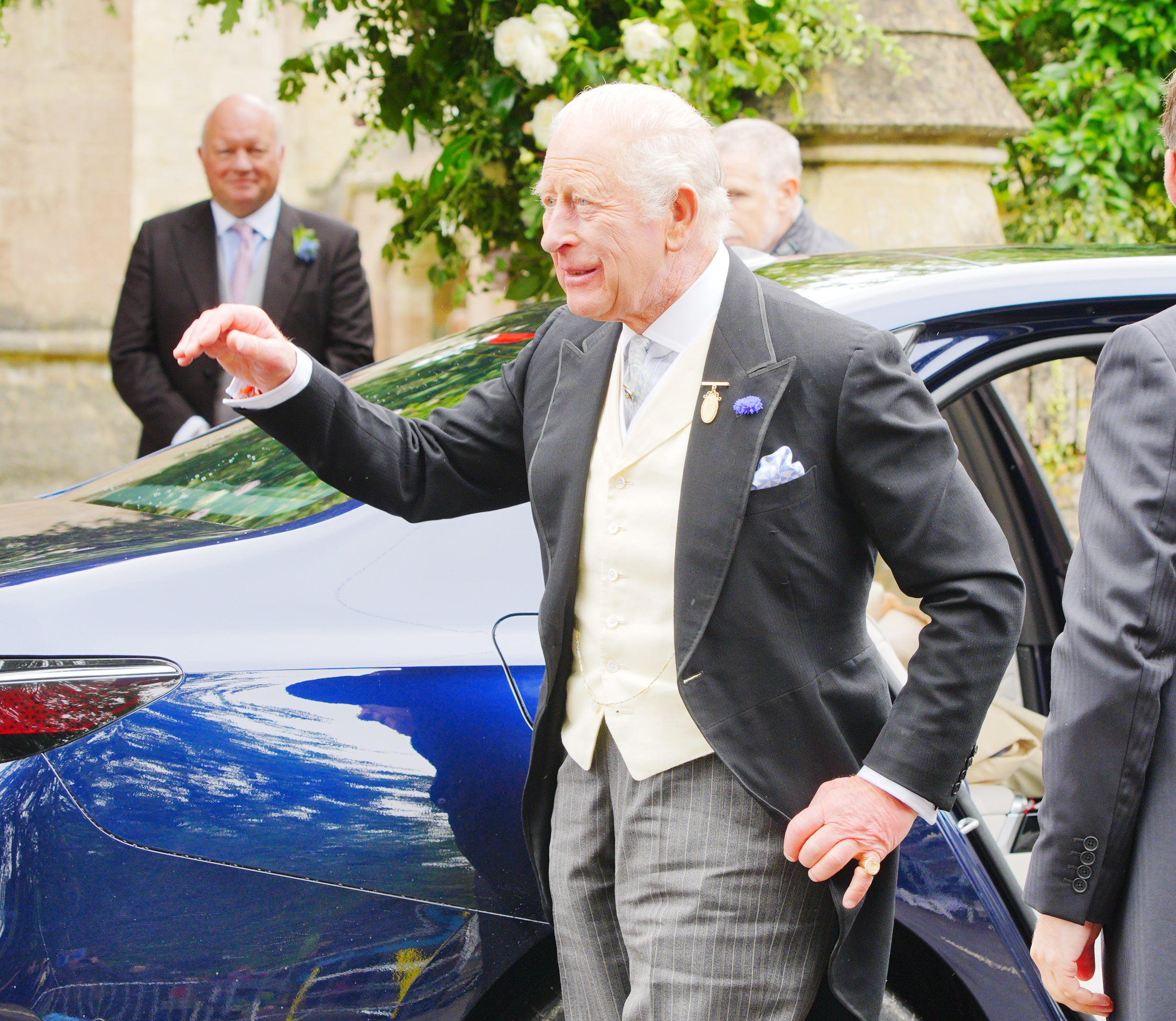 King Charles III arriving for the wedding of Harriet Sperling to Peter Phillips at All Saints Church in Kemble
