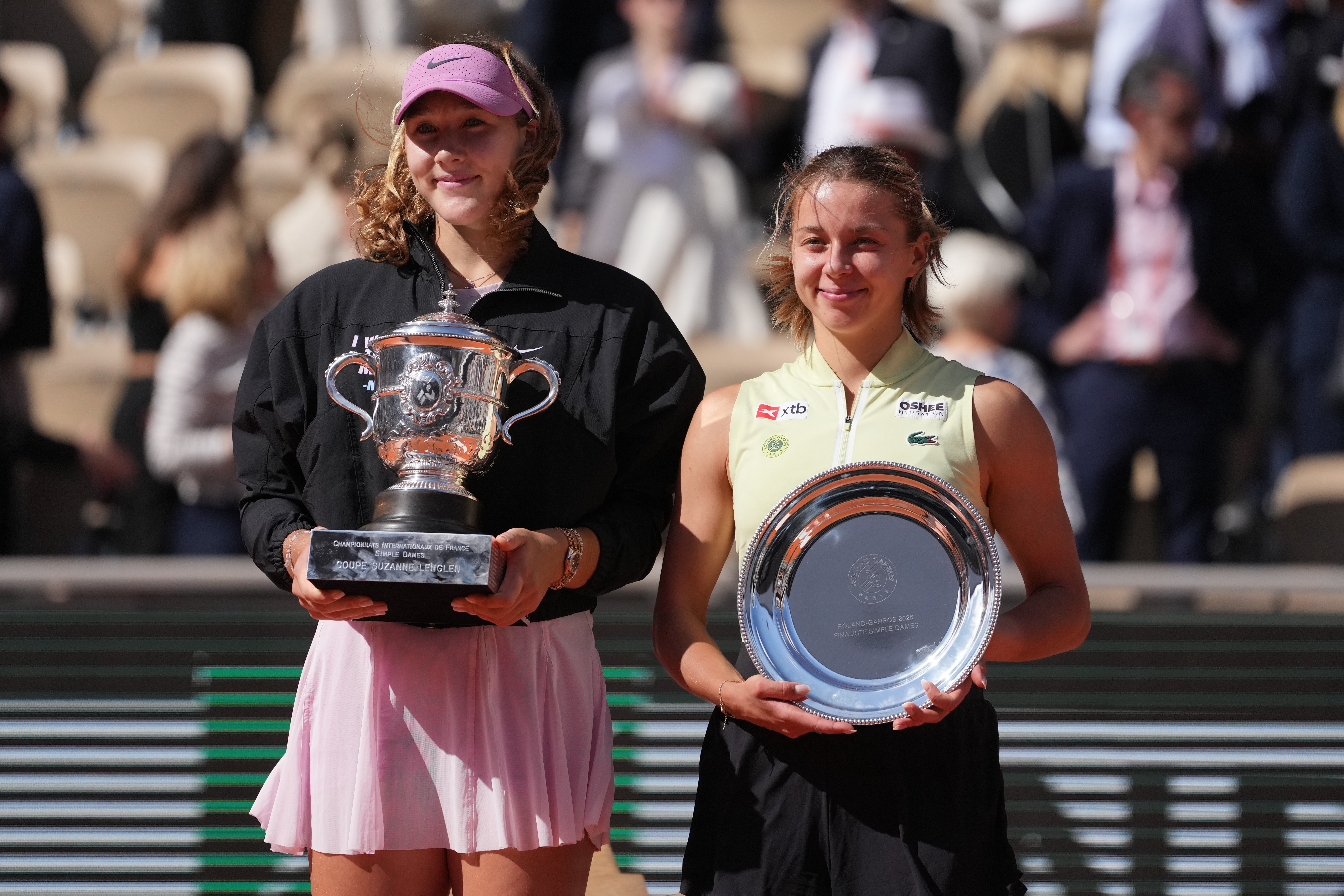 French Open women’s singles champion Mirra Andreeva and runner-up Maja Chwalinska (Thibault Camus/AP)