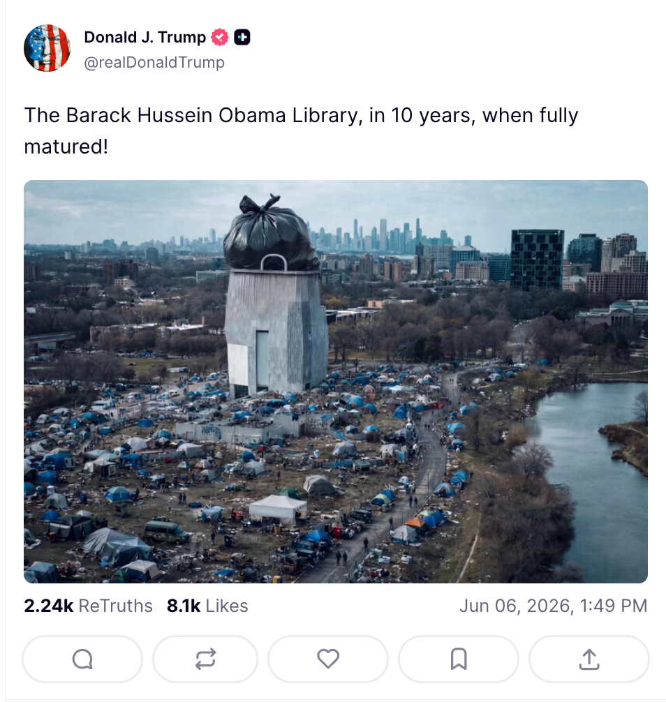 President Trump shared an AI-generated post depicting the Obama Presidential Library as deteriorated and covered in garbage on D-Day