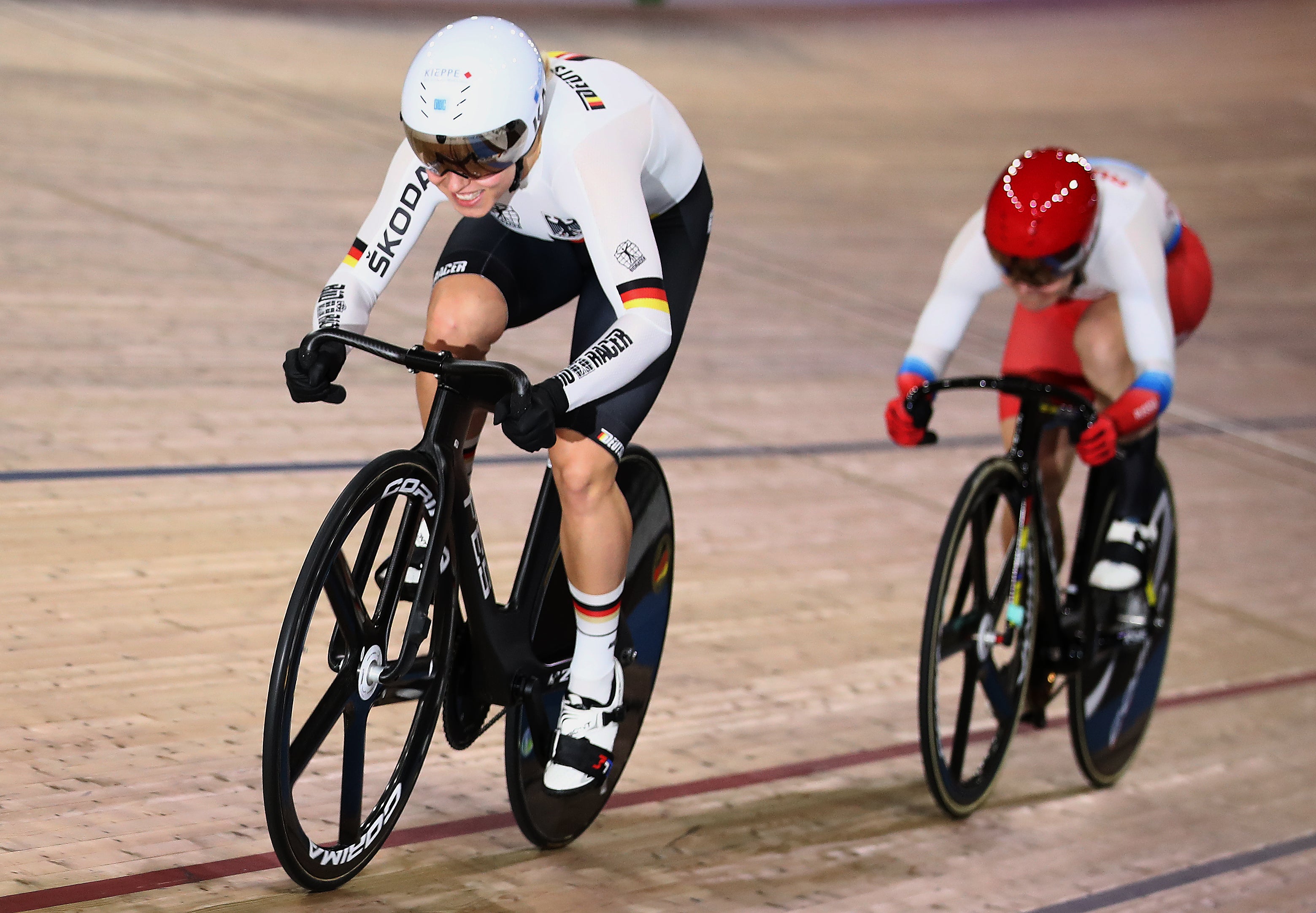 Emma Hinze of Germany competes against Anastasiia Voinova of Russia during the Women's Sprint Final during day 3 of the UCI Track Cycling World Championships Berlin at Velodrom on 28 February 2020 in Berlin, Germany (Getty)