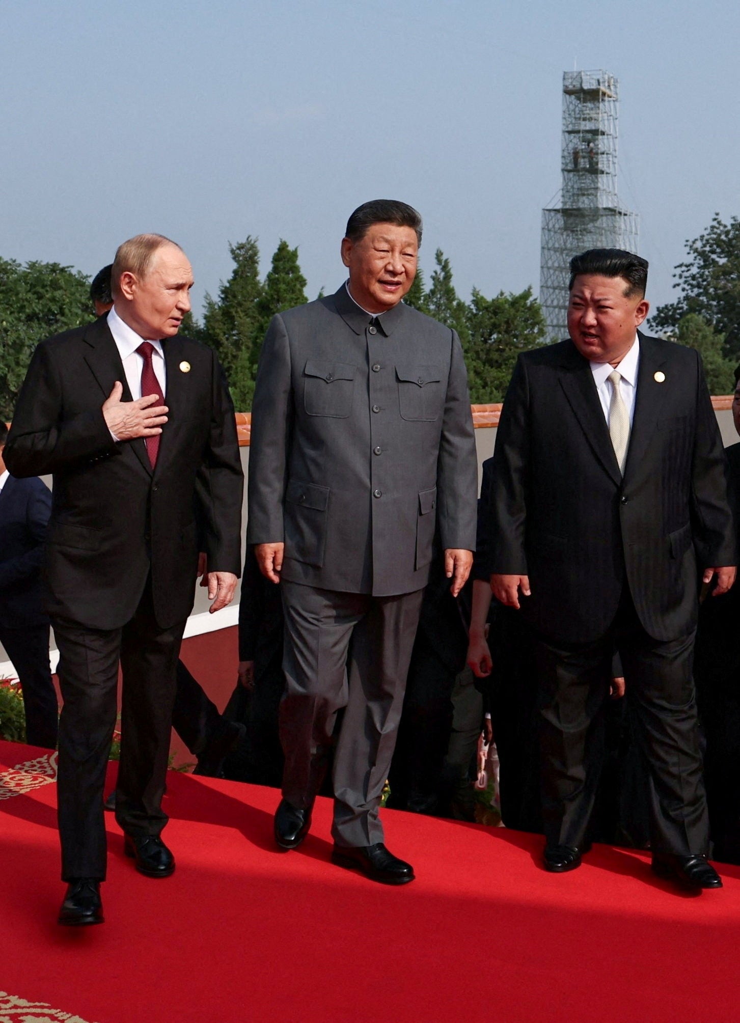 (From left to right) Russia's Vladimir Putin, China's Xi Jinping and North Korean leader Kim Jong Un at a military parade in Beijing, China on 3 September 2025 (Reuters)