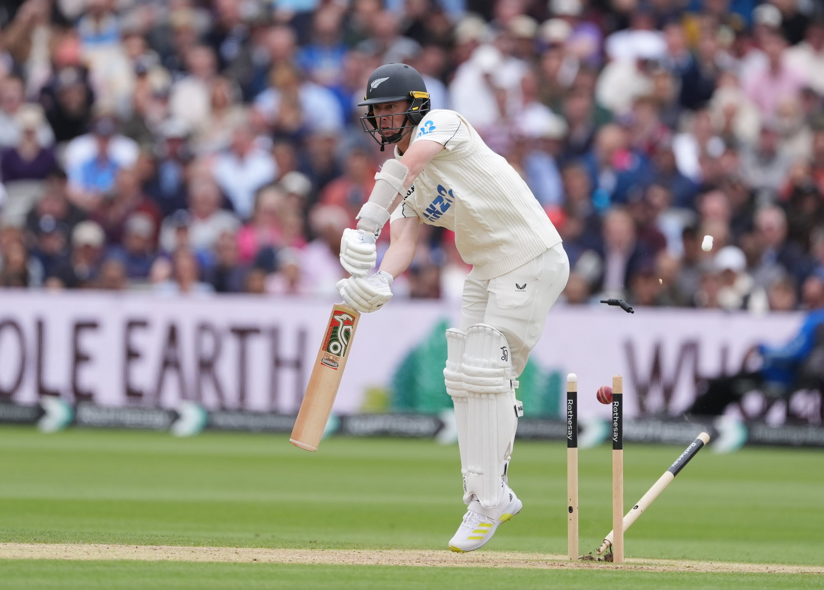 Matt Henry lost his middle stump to Gus Atkinson to seal New Zealand’s defeat (Ben Whitley/PA)