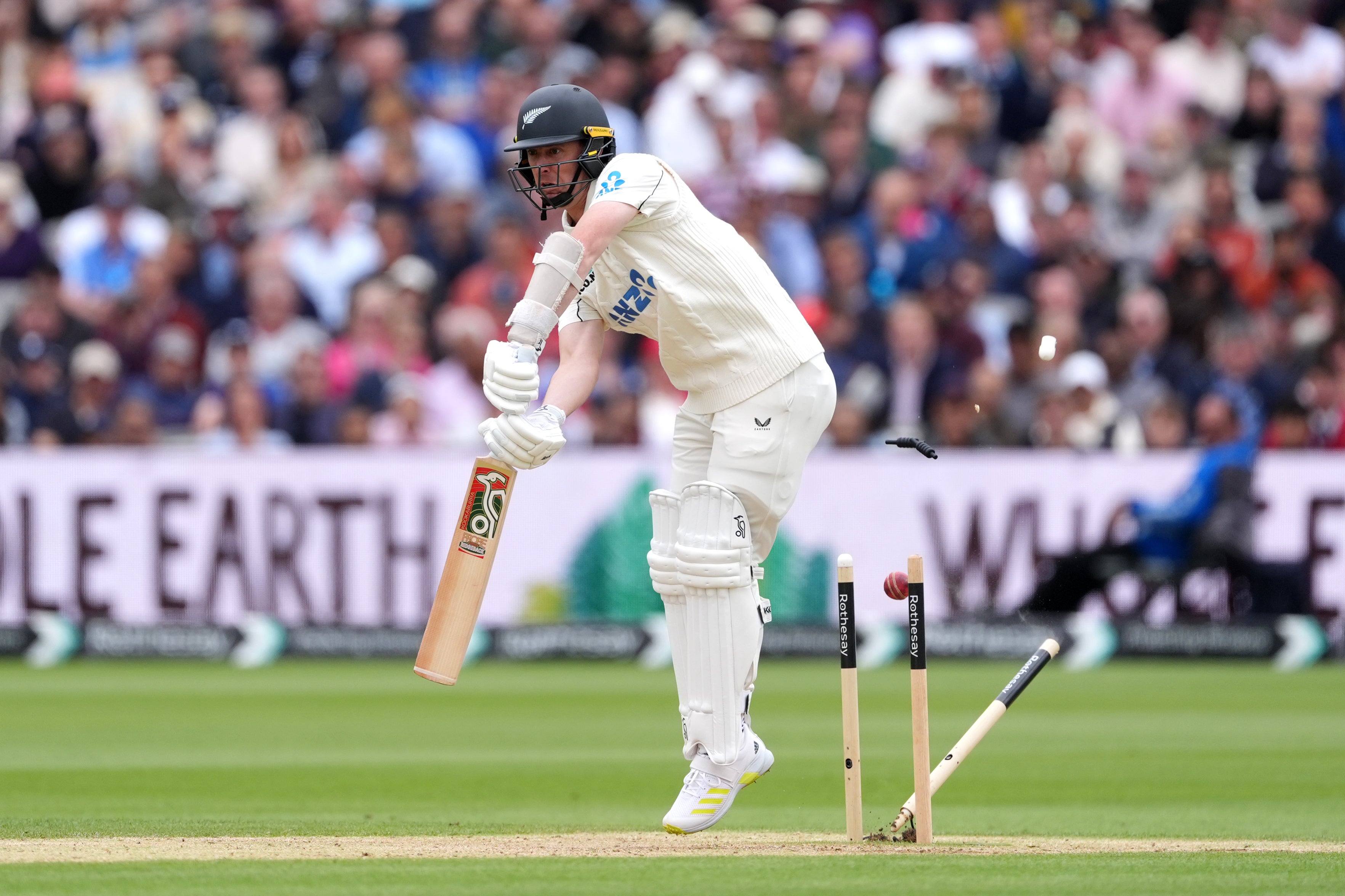 New Zealand’s Matt Henry is bowled by England’s Gus Atkinson on day four (Ben Whitley/PA)