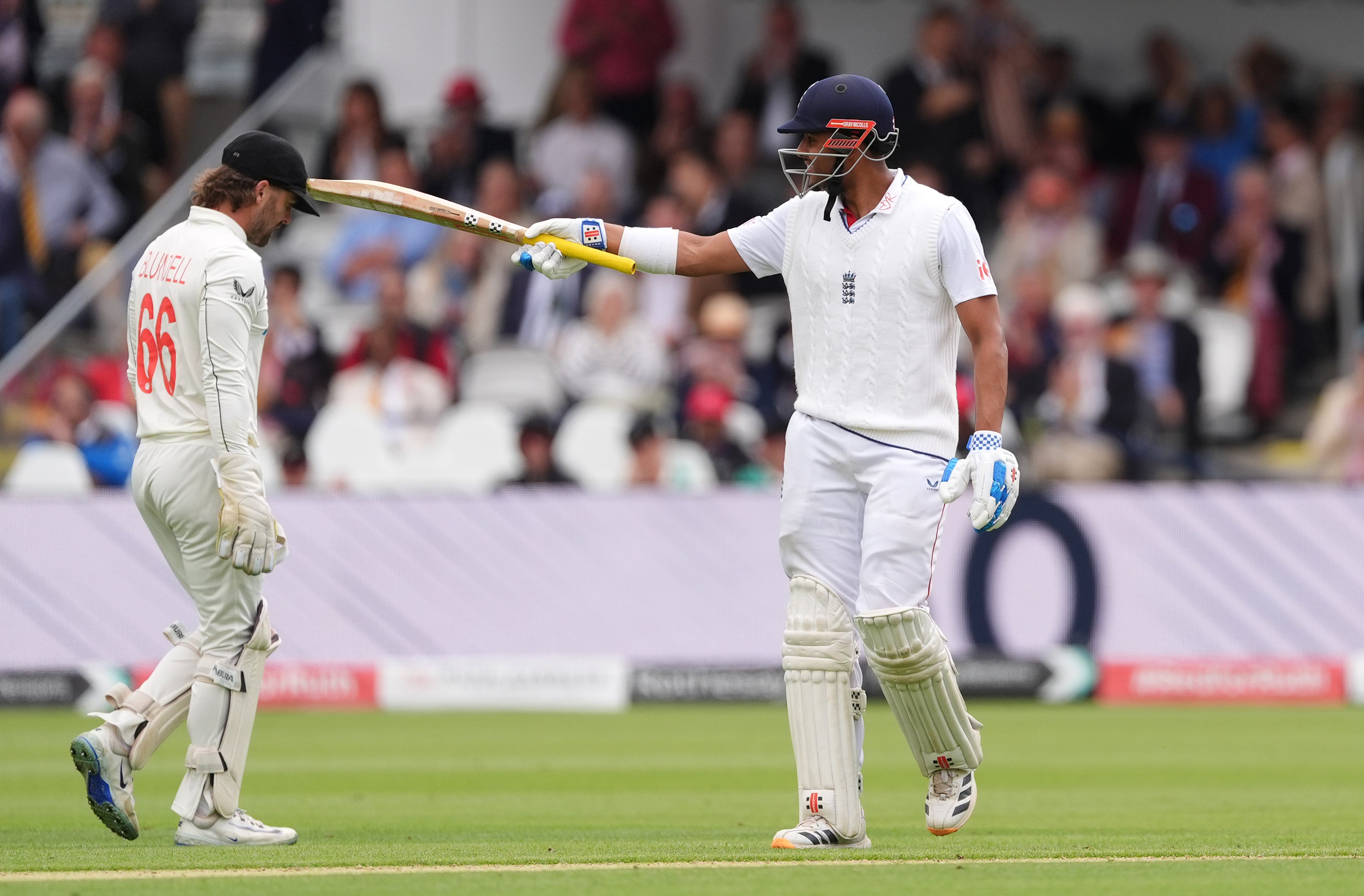 England’s Emilio Gay celebrates reaching 50 runs on day two (Ben Whitley/PA)