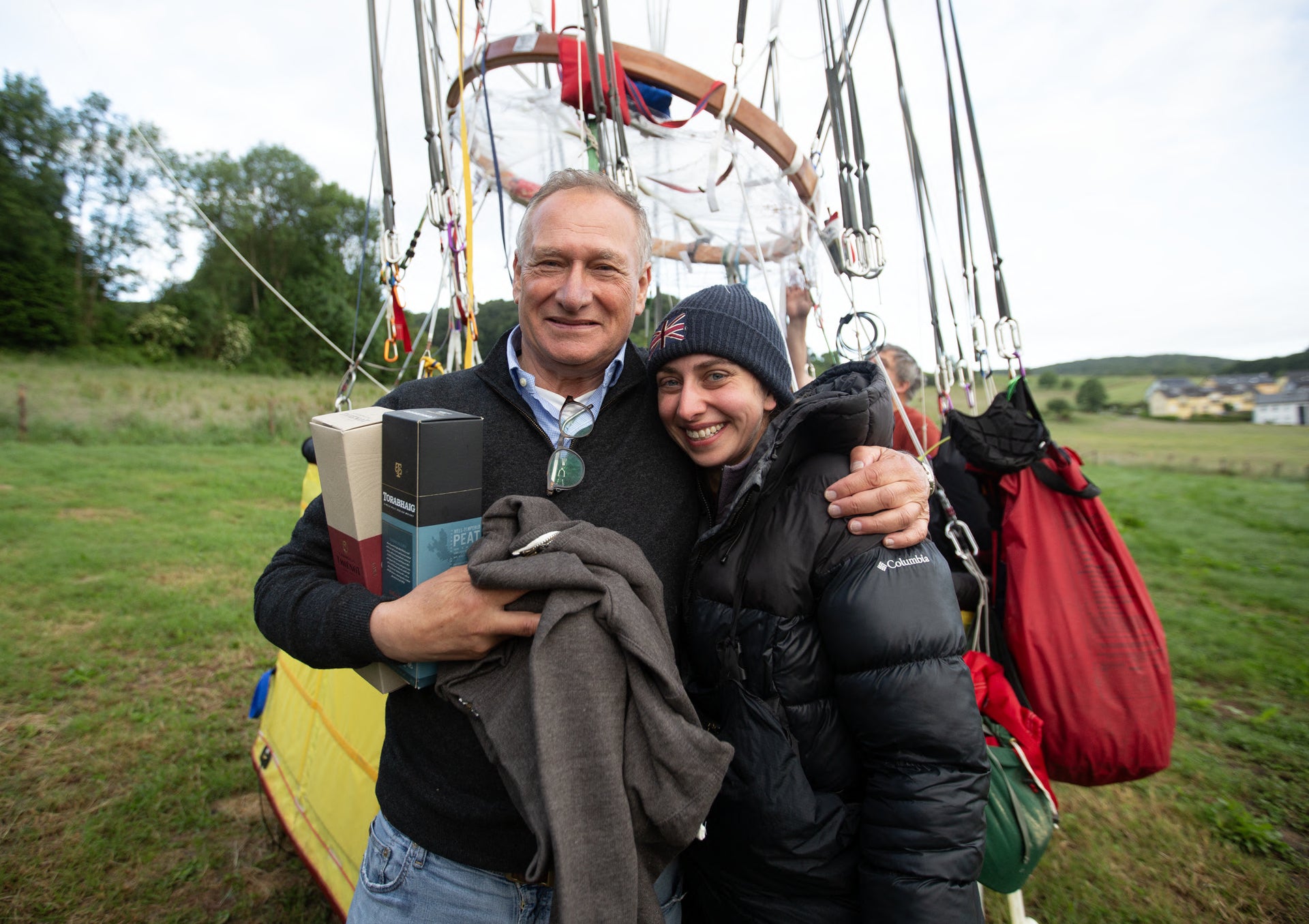 Sir David Hempleman-Adams with his daughter Alicia Hempleman-Adams after she landed in Luxembourg (Johnny Green/PA) (PA Media)