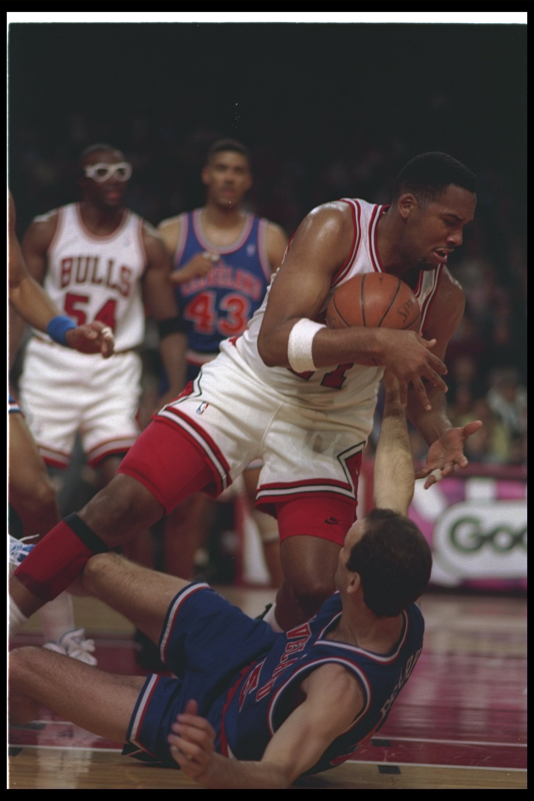 Center Stacey King of the Chicago Bulls looks on after knocking a Cleveland Cavaliers player
