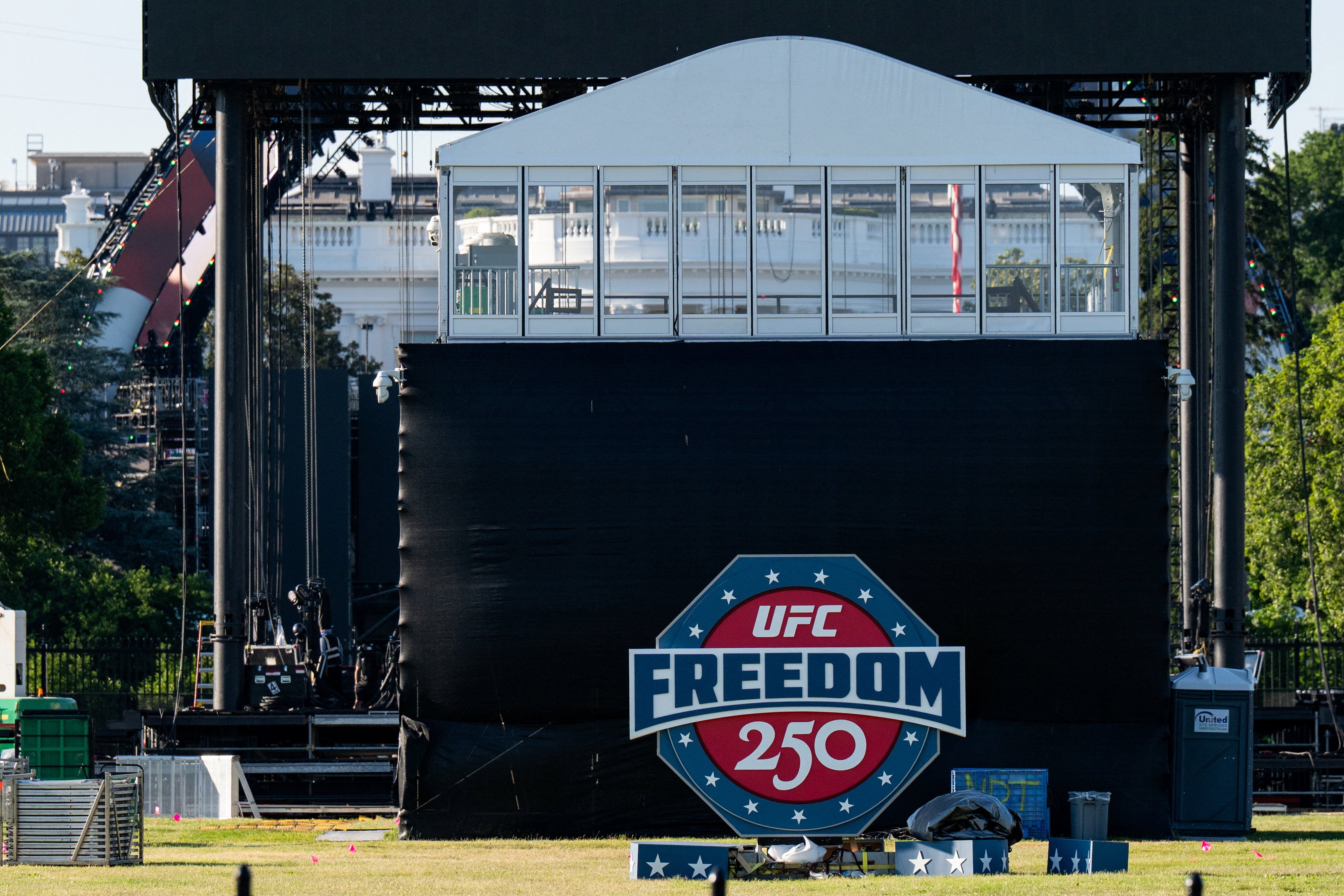 Construction of the stage and event area for the UFC fight set to take place on the South Lawn of the White House continues