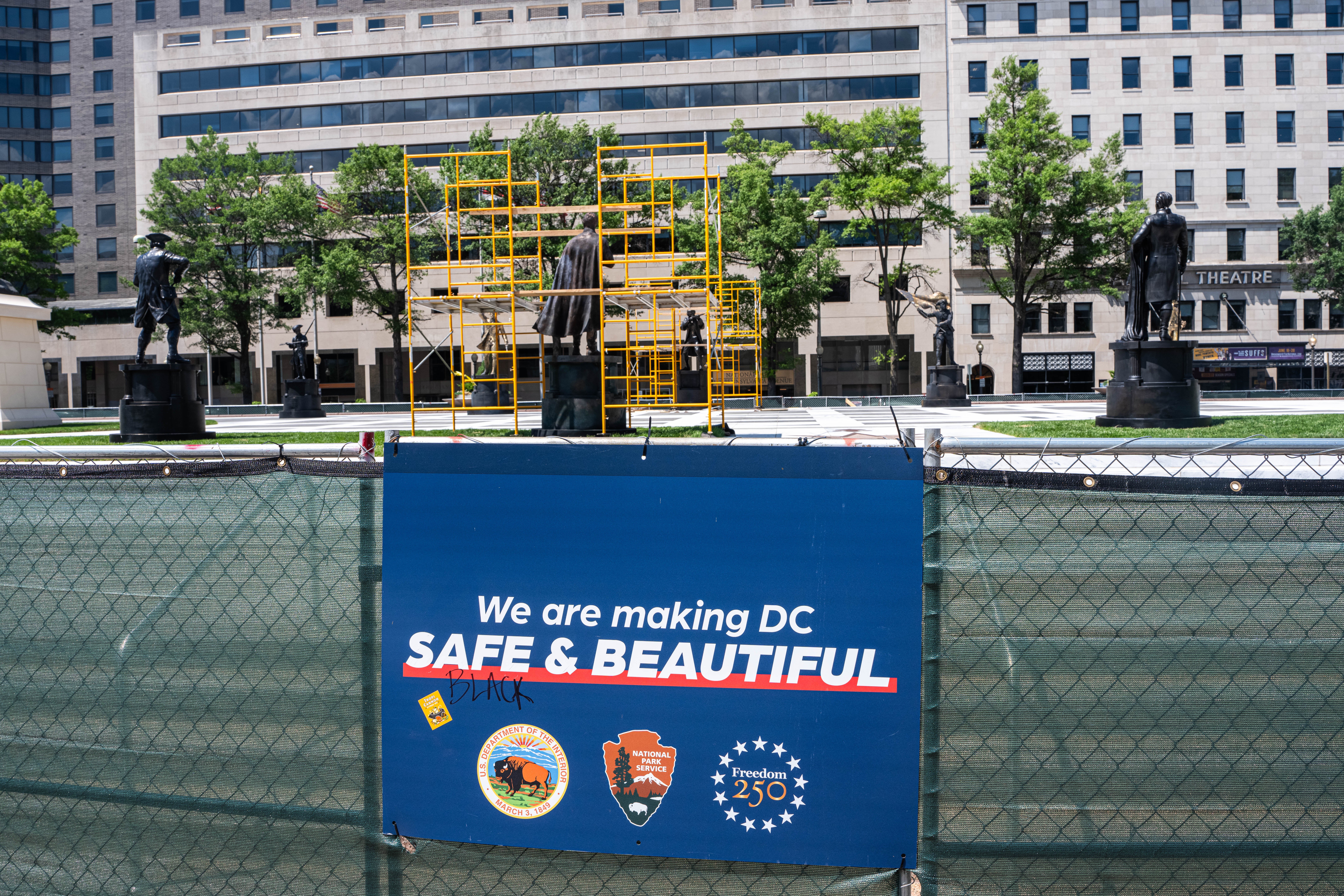 Statues are seen in Freedom Plaza during renovations on June 07, 2026 in Washington, DC