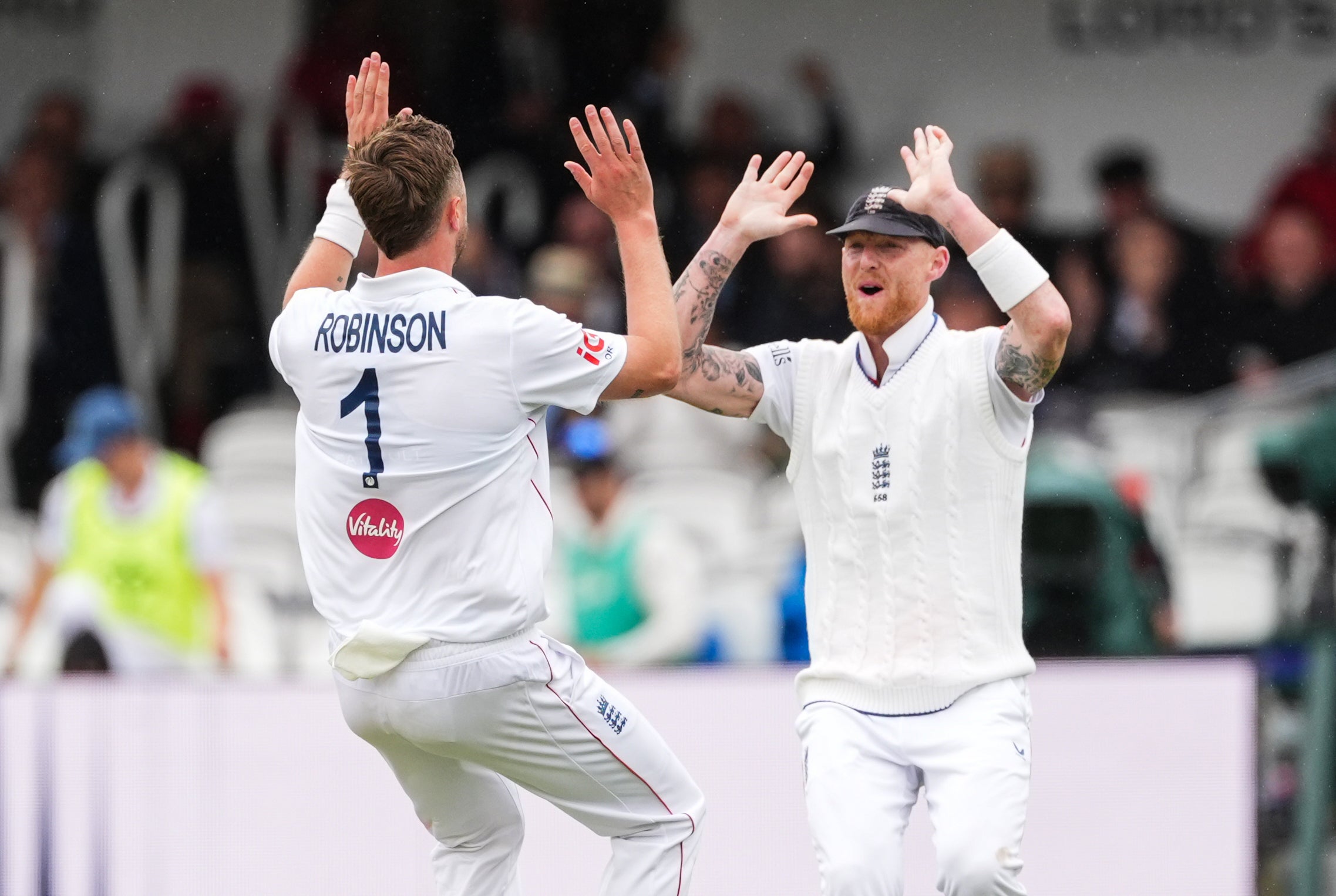 Ollie Robinson (left) celebrated one of seven wicket’s at Lord’s (Ben Whitley/PA) (PA Wire)