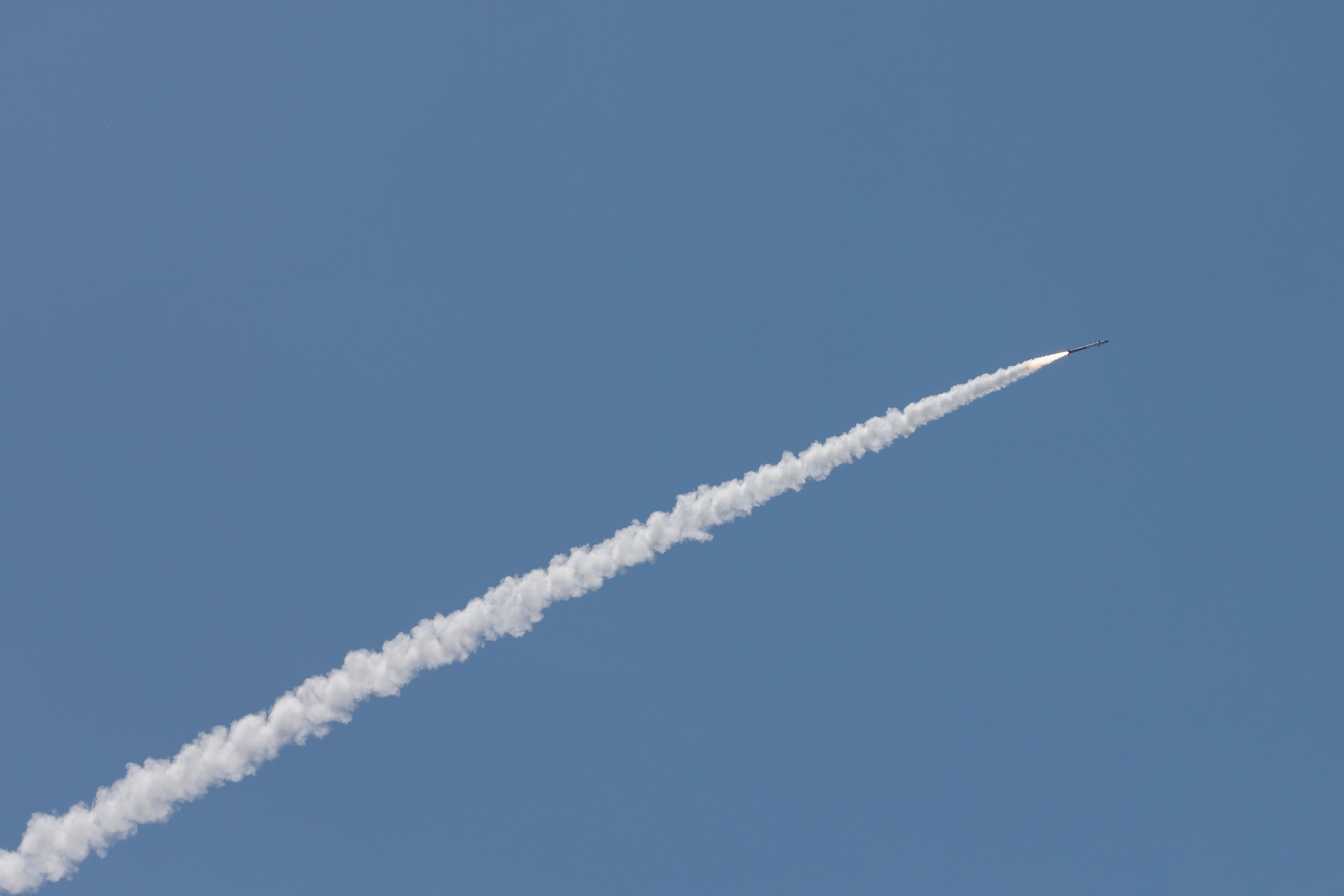 This picture taken from a position in the Upper Galilee region in northern Israel shows an Israeli Iron Dome missile streaking across the sky to intercept incoming projectiles on June 8 (AFP/Getty)