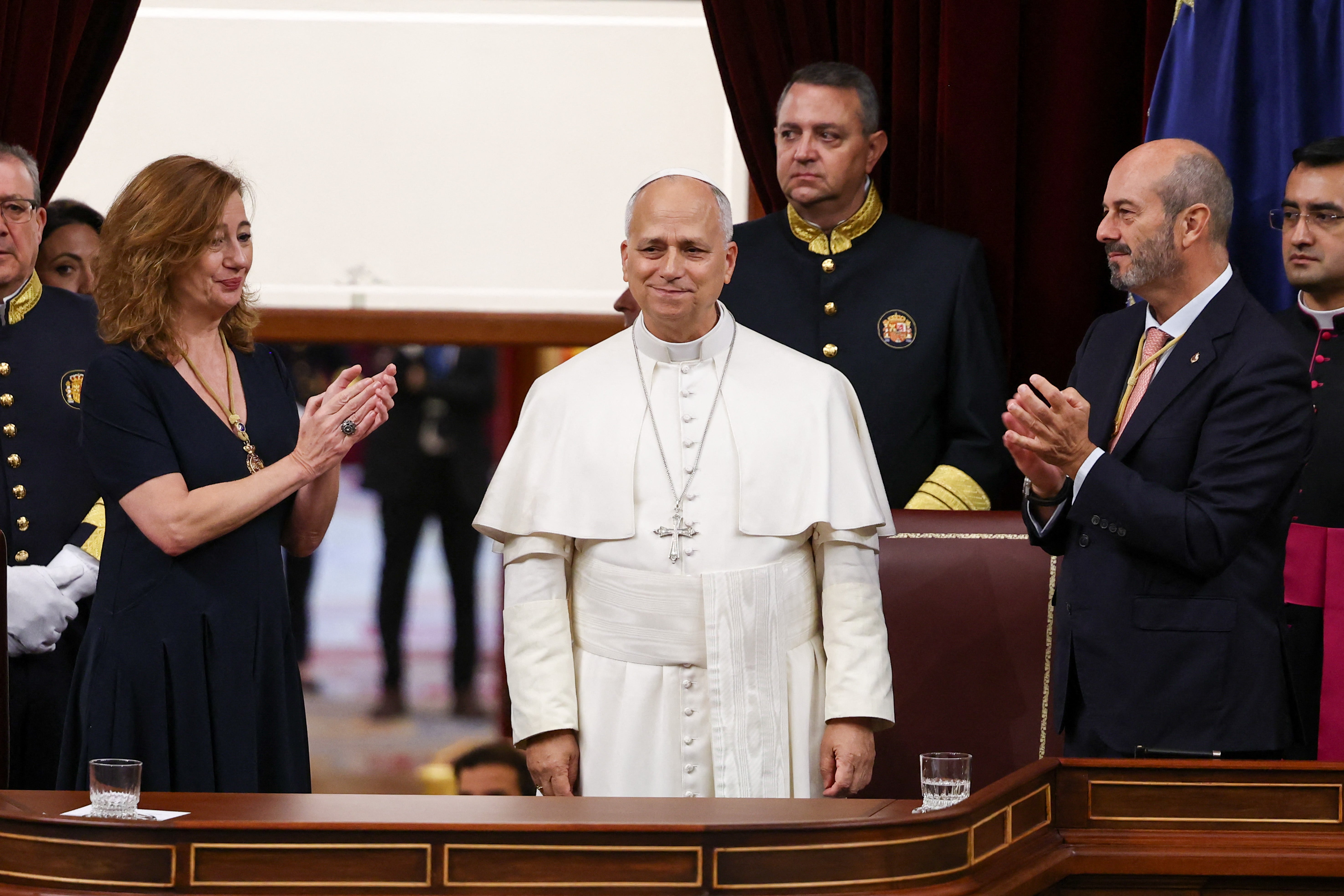 Pope Leo XIV is applauded after delivering a speech during a joint session of the Spanish Parliament at the Congress of Deputies in Madrid on June 8, 2026