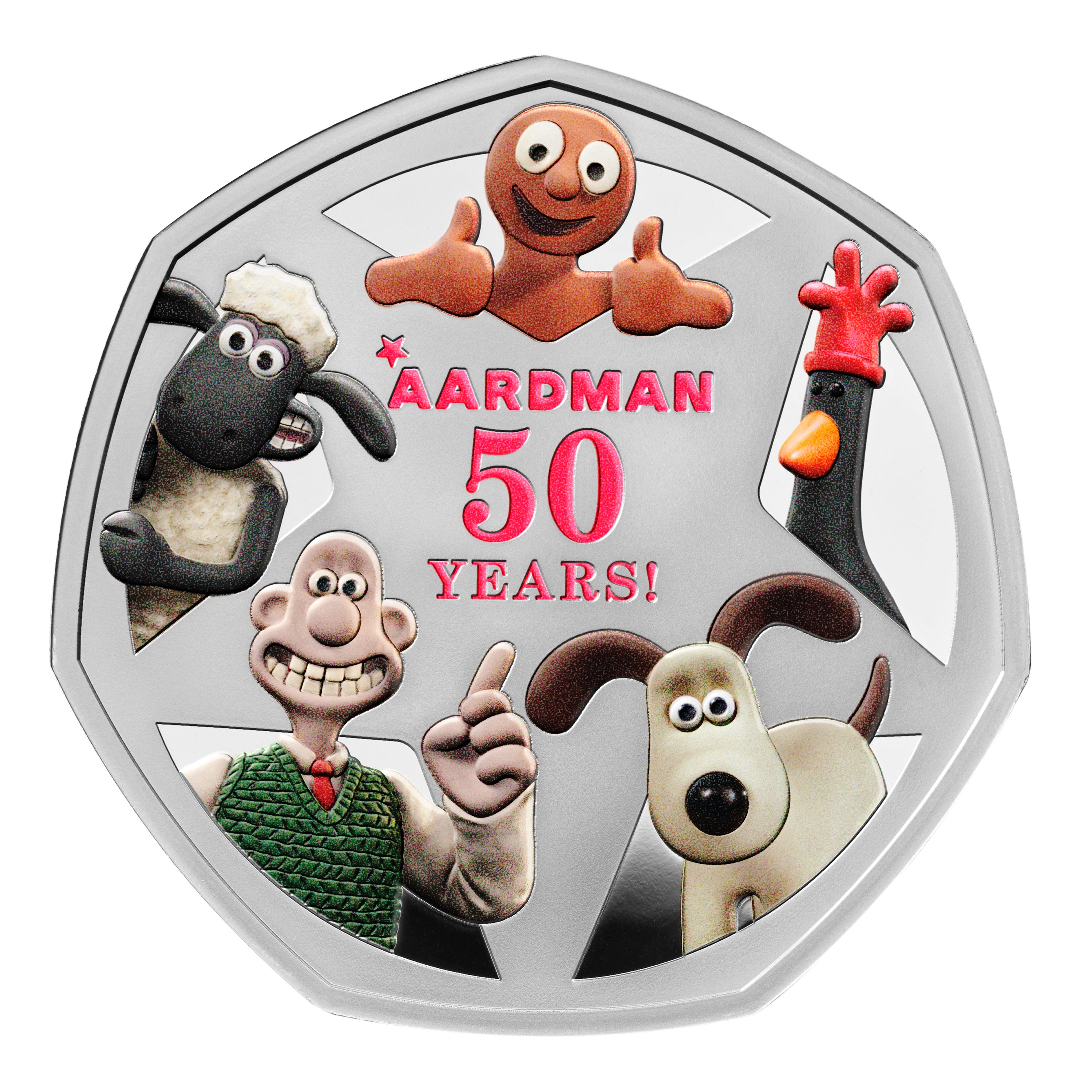 The "tails" side of the coin was designed by Aardman and features some of the most recognisable characters from the studio's back catalogue