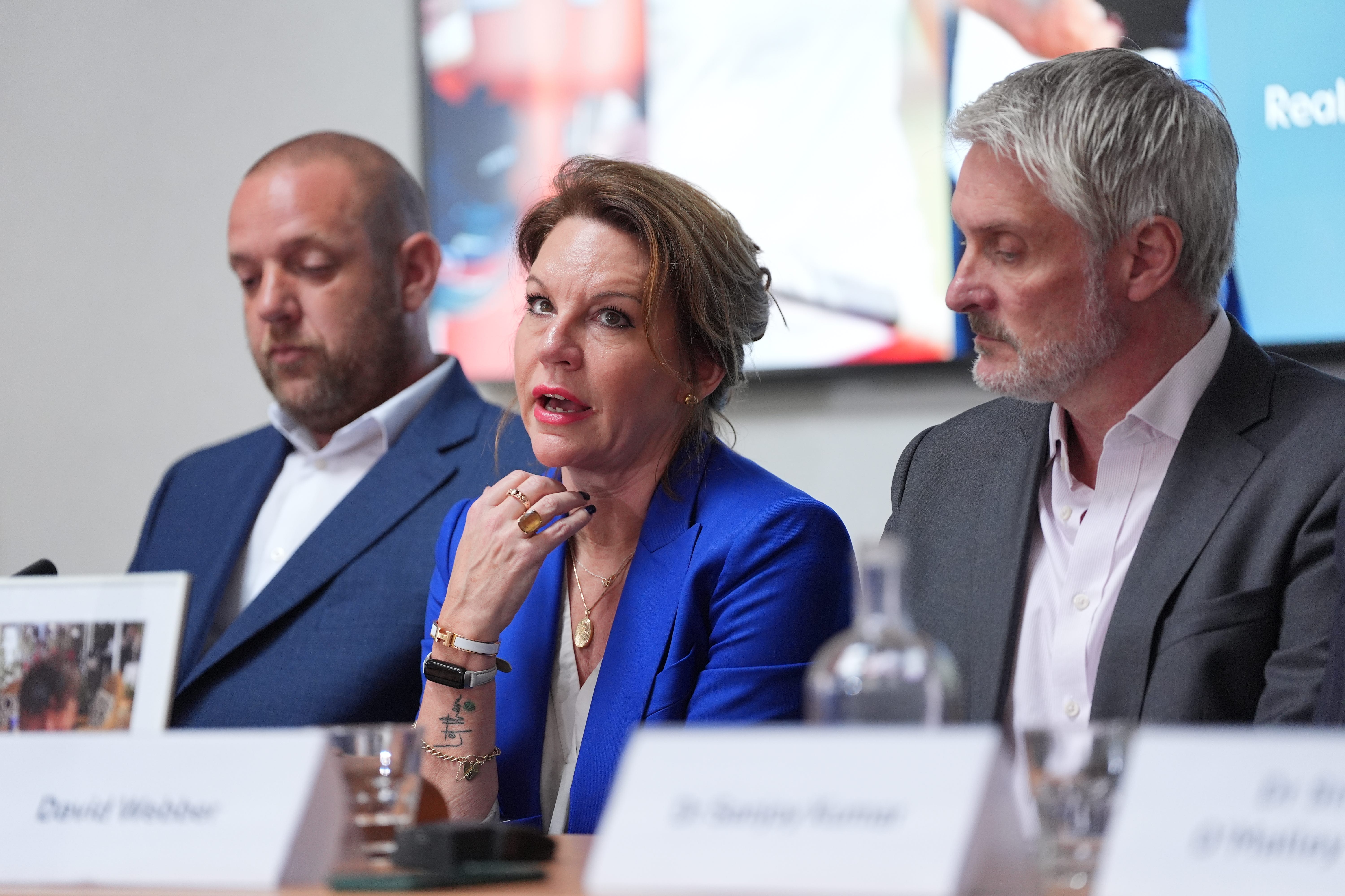 (Left to right) Darren Coates, Emma Webber and David Webber during a press conference with the families of the Nottingham attack victims (Yui Mok/PA)