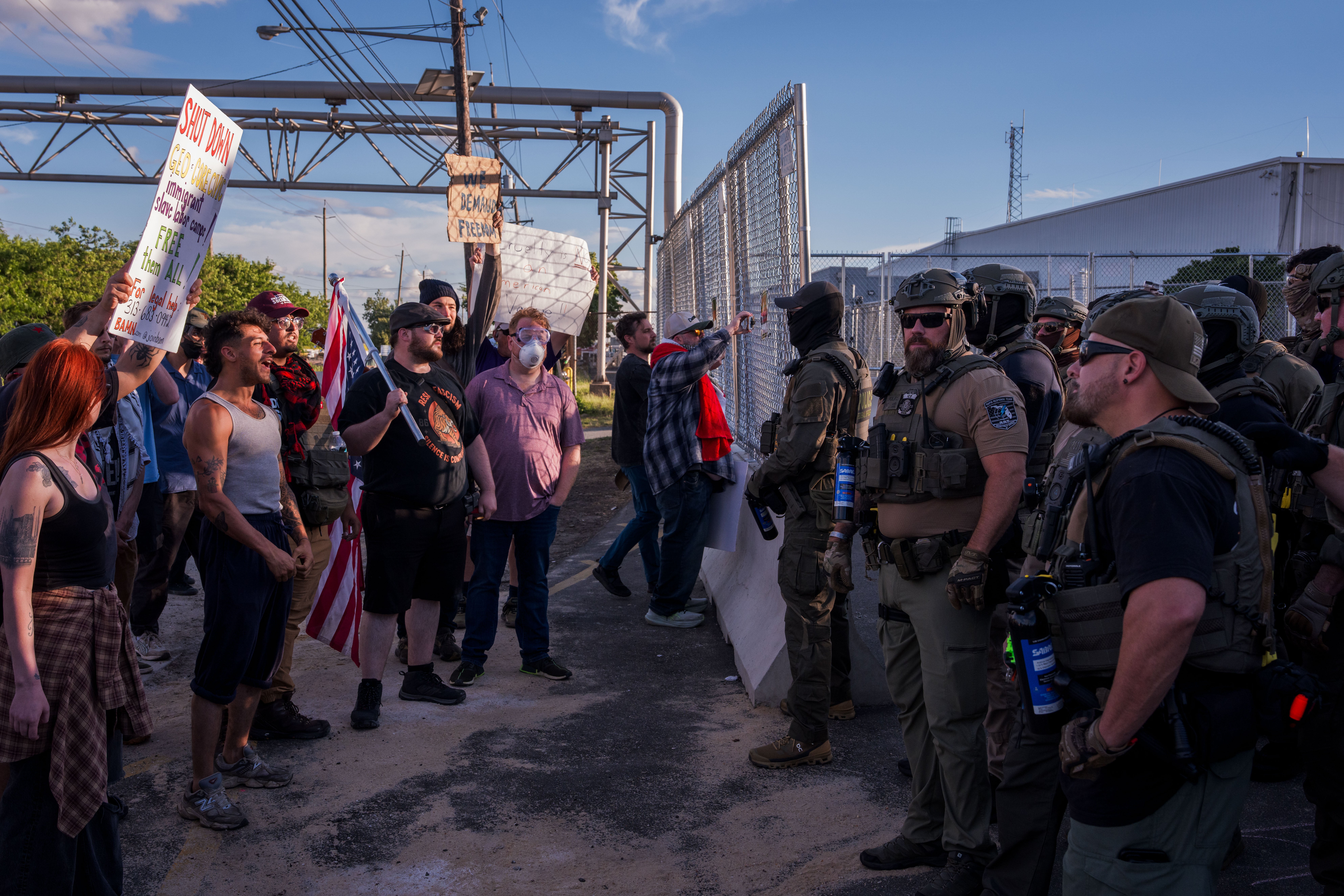 ICE agents face off with protesters outside of the Delaney Hall Immigration Detention Center on June 7, 2026 in Newark, New Jersey. Mayor of Newark Ras J. Baraka has pulled Newark Police away from the detention center, where protesters continue to gather in support of detainees who are on a hunger and labor strike, and GEO Group will be responsible for protecting the immigration detention facility. (Getty)