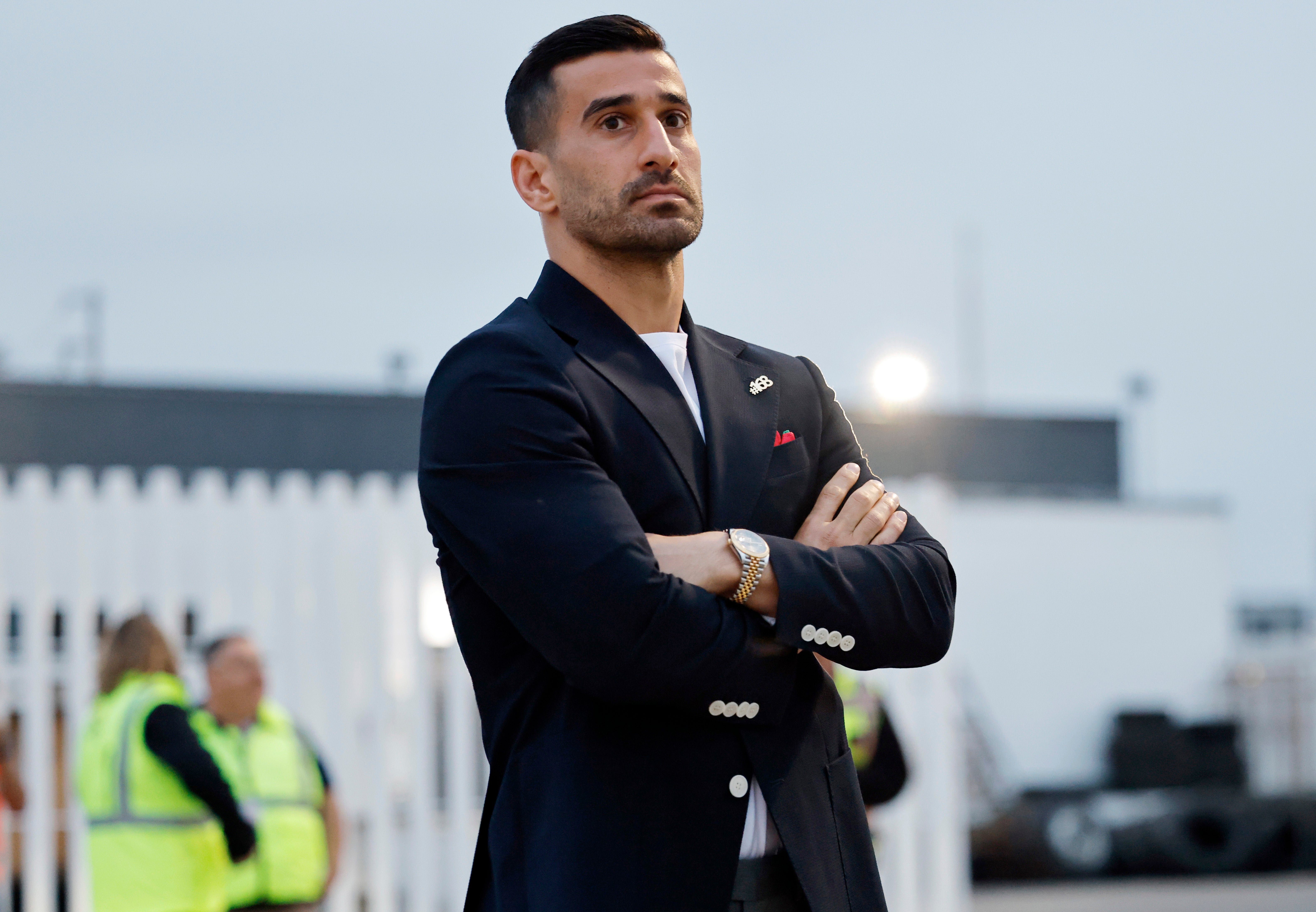 Iranian national soccer team captain Ehsan Hajisafi looks on after arrival at Tijuana International Airport on June 7, 2026 in Tijuana, Mexico