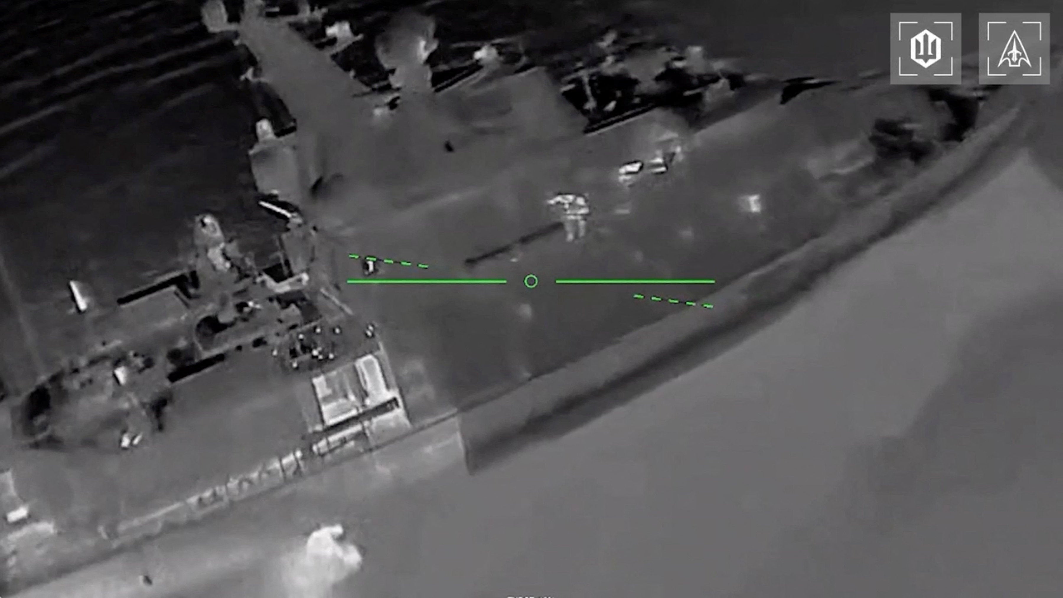 Russian patrol ship Svetlyak in Yurkyne, Crimea, in this screengrab from footage released by Ukraine's Unmanned Systems Forces commander Robert Brovdi