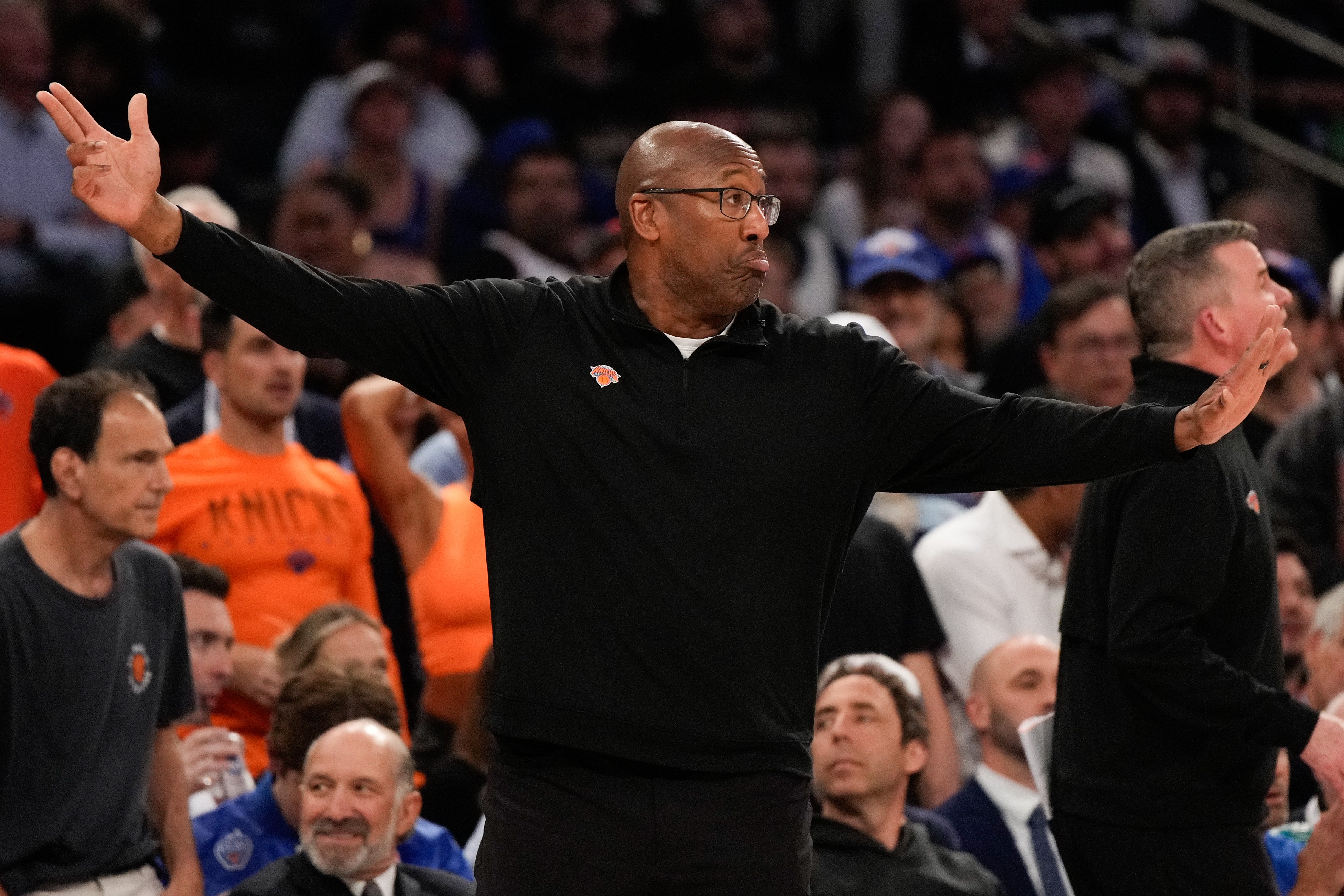 New York Knicks head coach Mike Brown reacts during Game 3 of the NBA Finals basketball series against the San Antonio Spurs