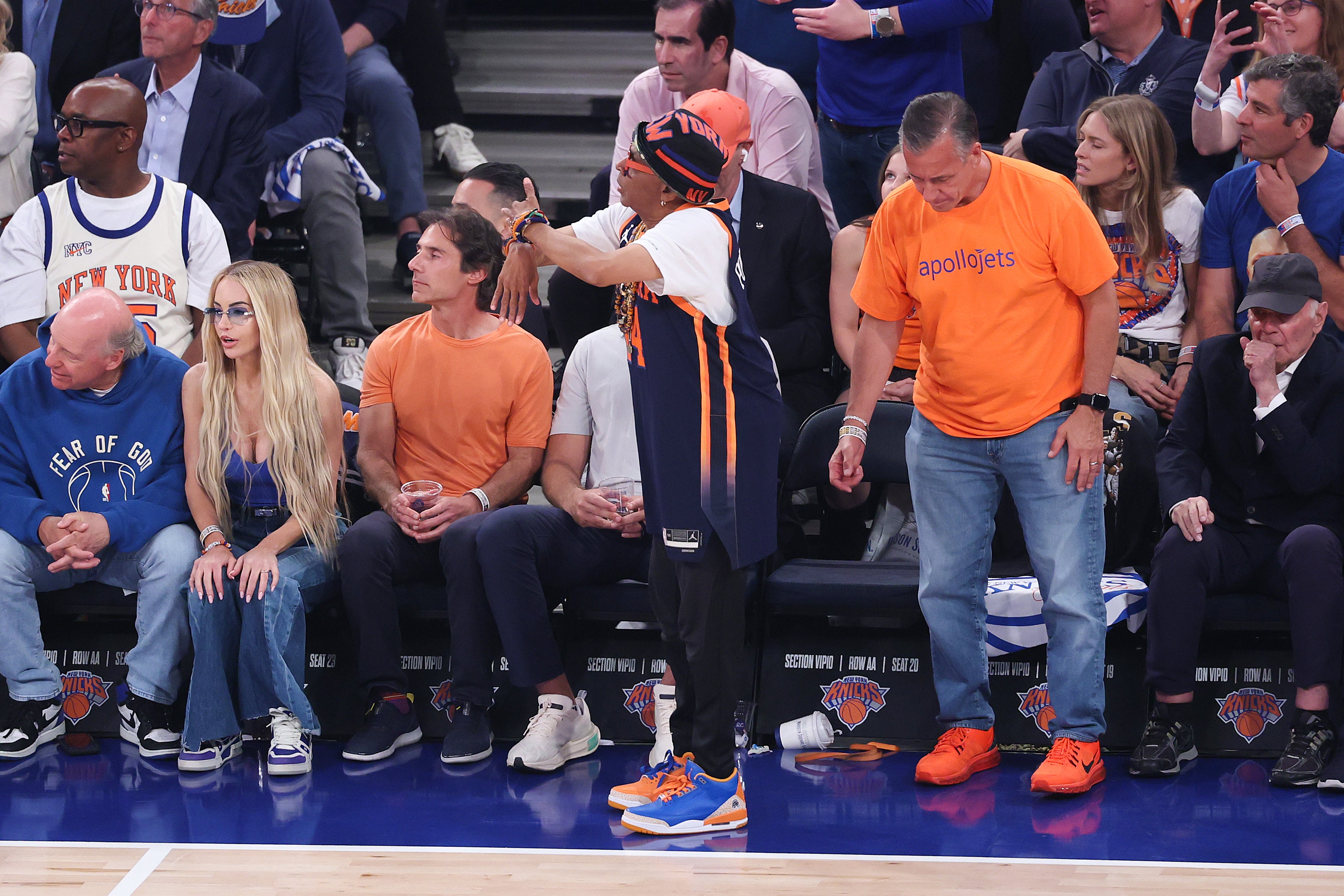 Filmmaker Spike Lee reacts during the first quarter of a game between the San Antonio Spurs and the New York Knicks in game 3 of the NBA finals (Getty Images)