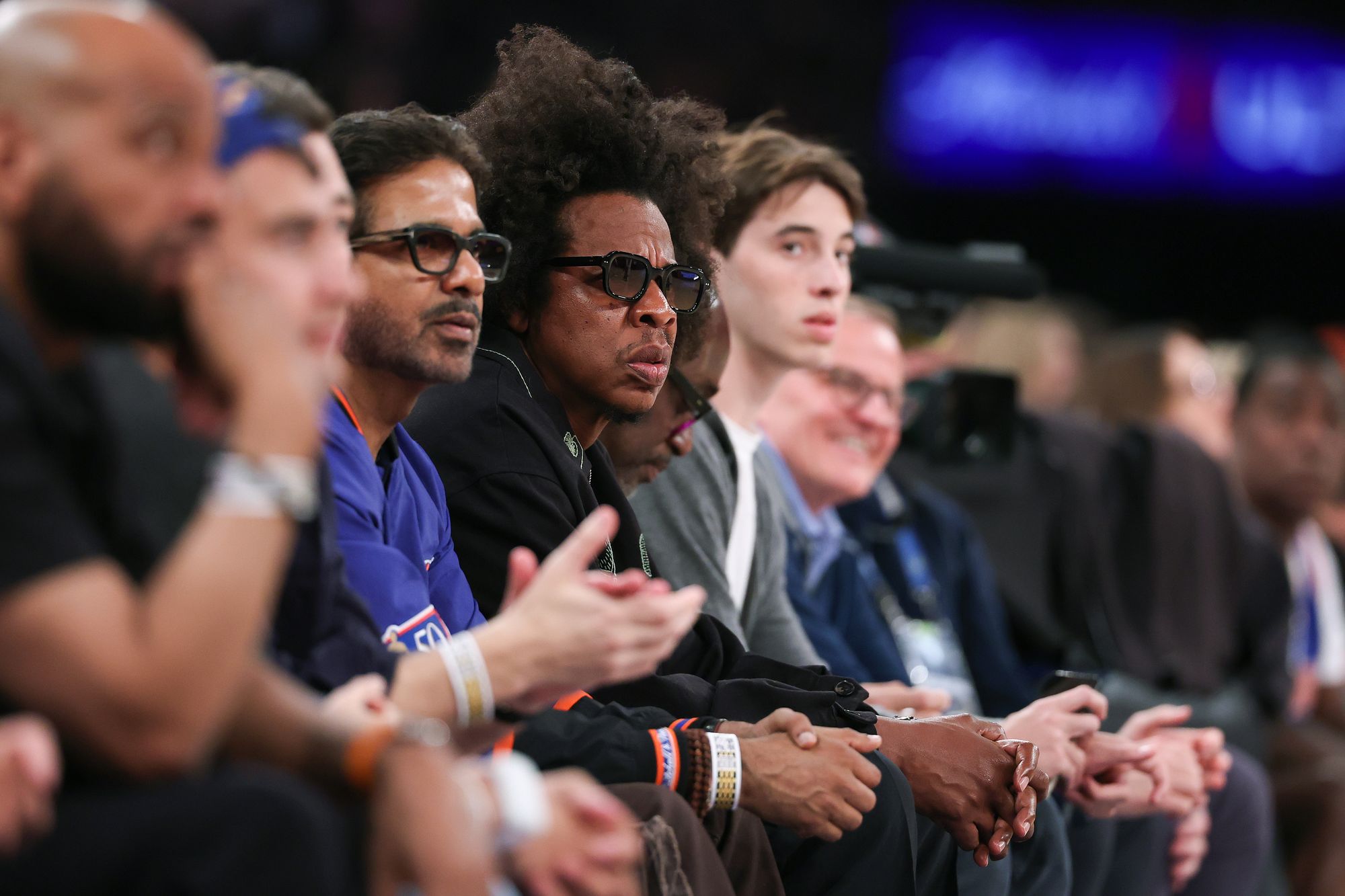 Rapper Jay-Z looks on during the second quarter of game 3 of the NBA finals