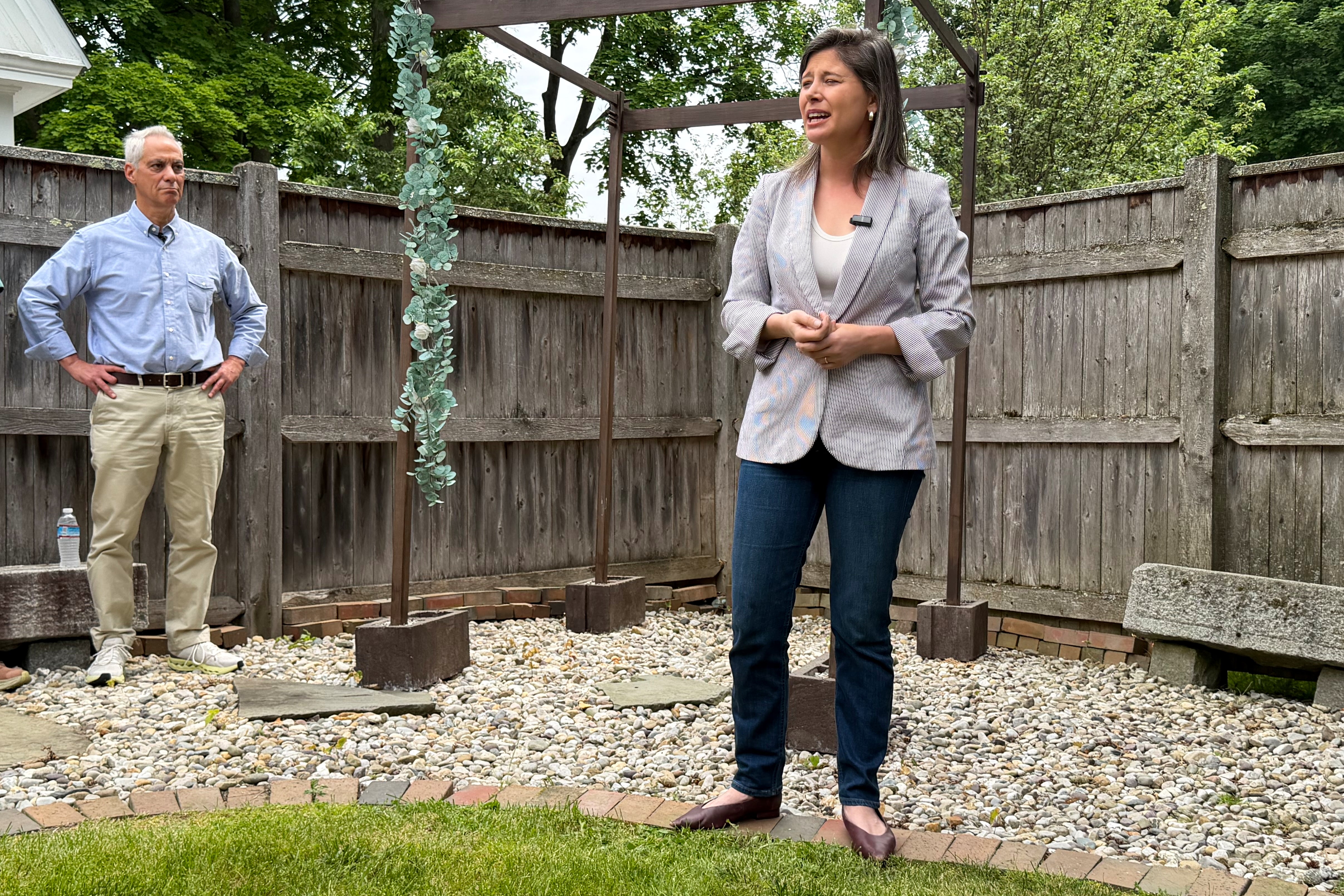 Rep. Maggie Goodlander speaks alongside Rahm Emanuel at a house party in Concord this past Saturday