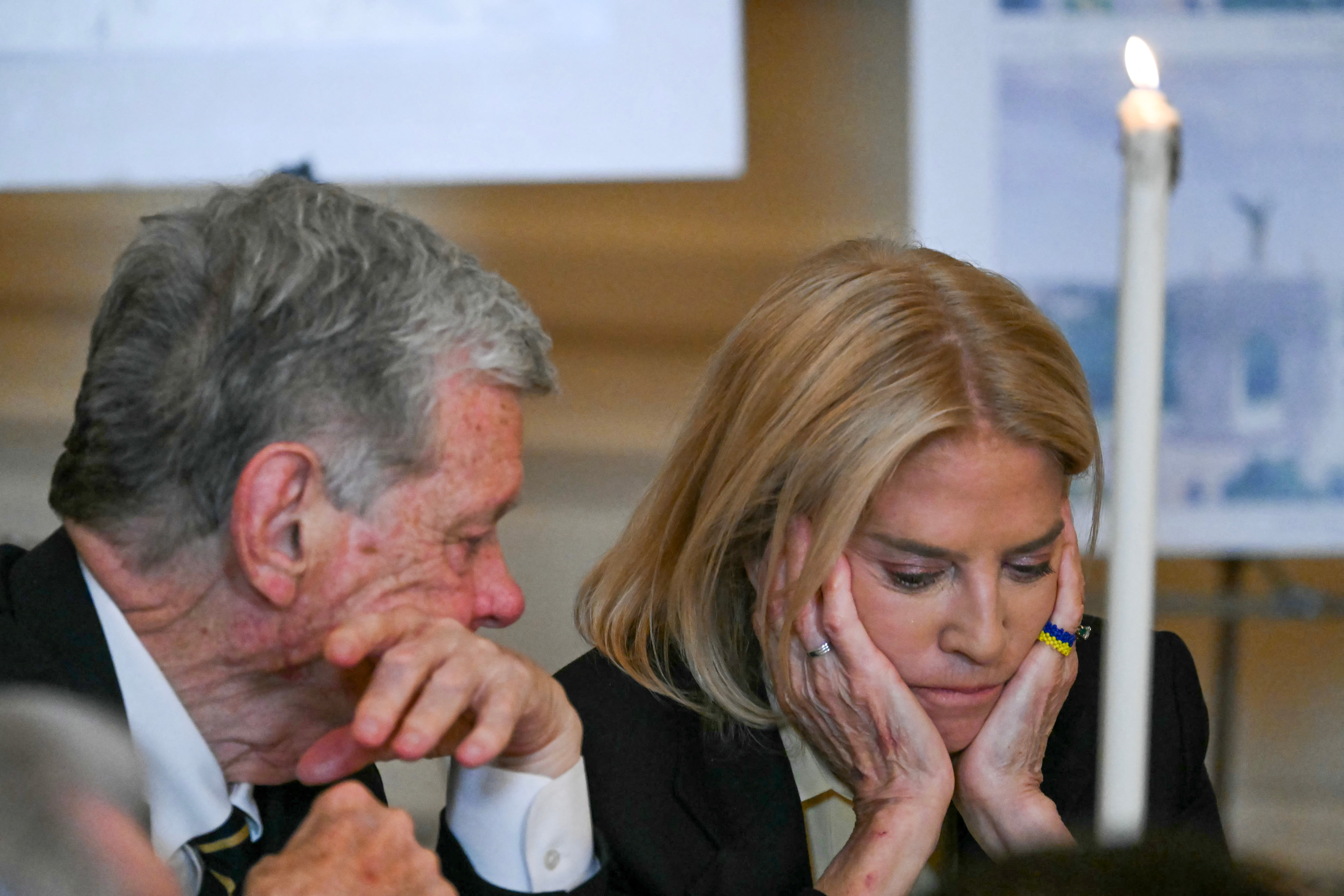 Greta Van Susteren (R) and her husband John Coale attend a ballroom dinner with US President Donald Trump in the East Room of the White House in Washington, DC on October 15, 2025