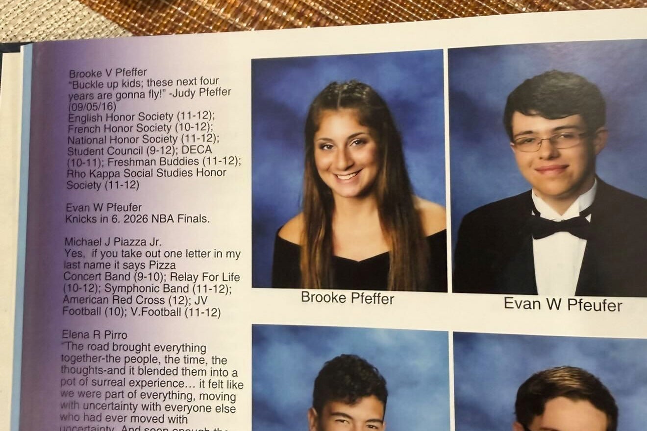 Pfeufer's senior quote, which reads ’Knicks in 6. 2026 NBA Finals’