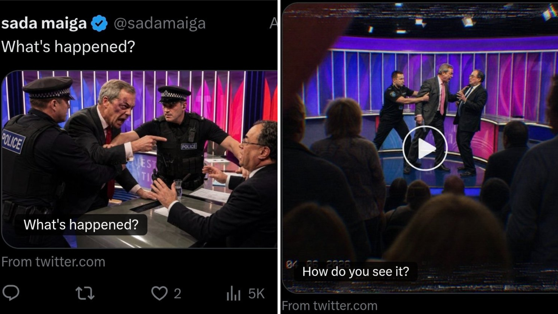 Examples of AI-generated adverts on X featuring Nigel Farage and Andrew Bailey on Question Time