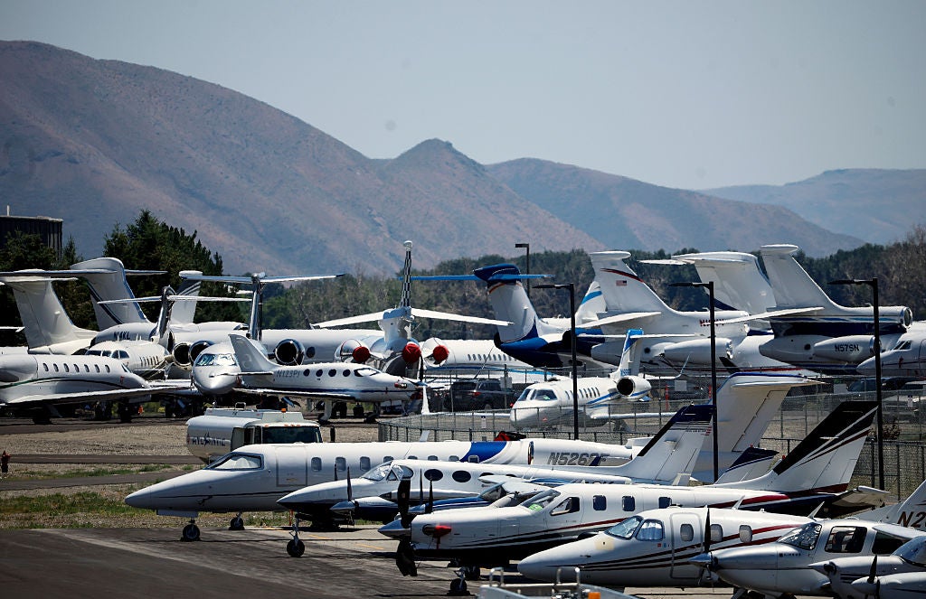 Private jets parked at the Friedman Memorial Airport during the Allen & Company Sun Valley Conference on July 10, 2025 in Idaho. Every year, some of the world's wealthiest and most powerful figures from the media, finance, technology, and political spheres converge at the resort