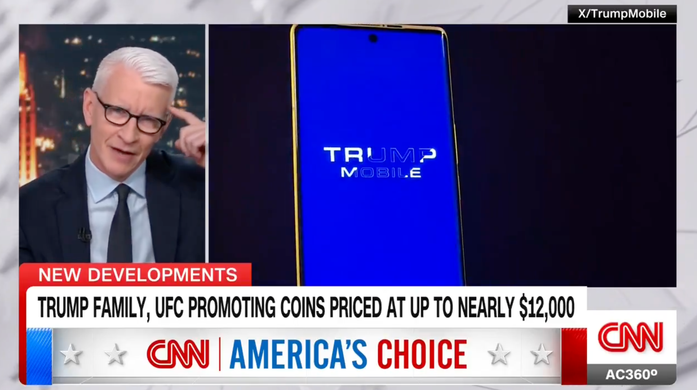 CNN anchor Anderson Cooper laughed at President Donald Trump's claim that his new gold smartphone is 'made with American values in mind.’ The host discussed some of the recent merchandise offerings bearing Trump’s name