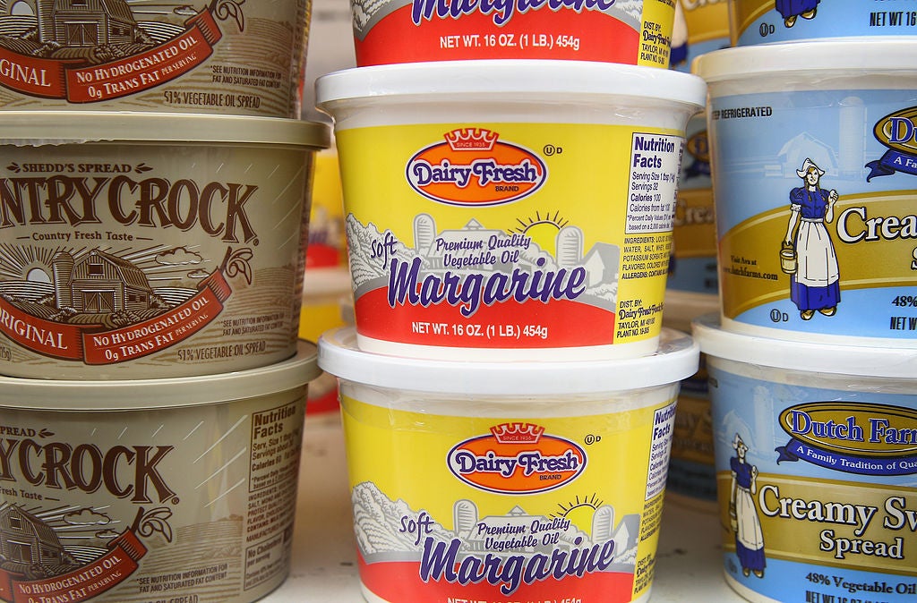 Margarine is naturally colorless, but producers add synthetic beta-carotene to it to mimic the color of butter
