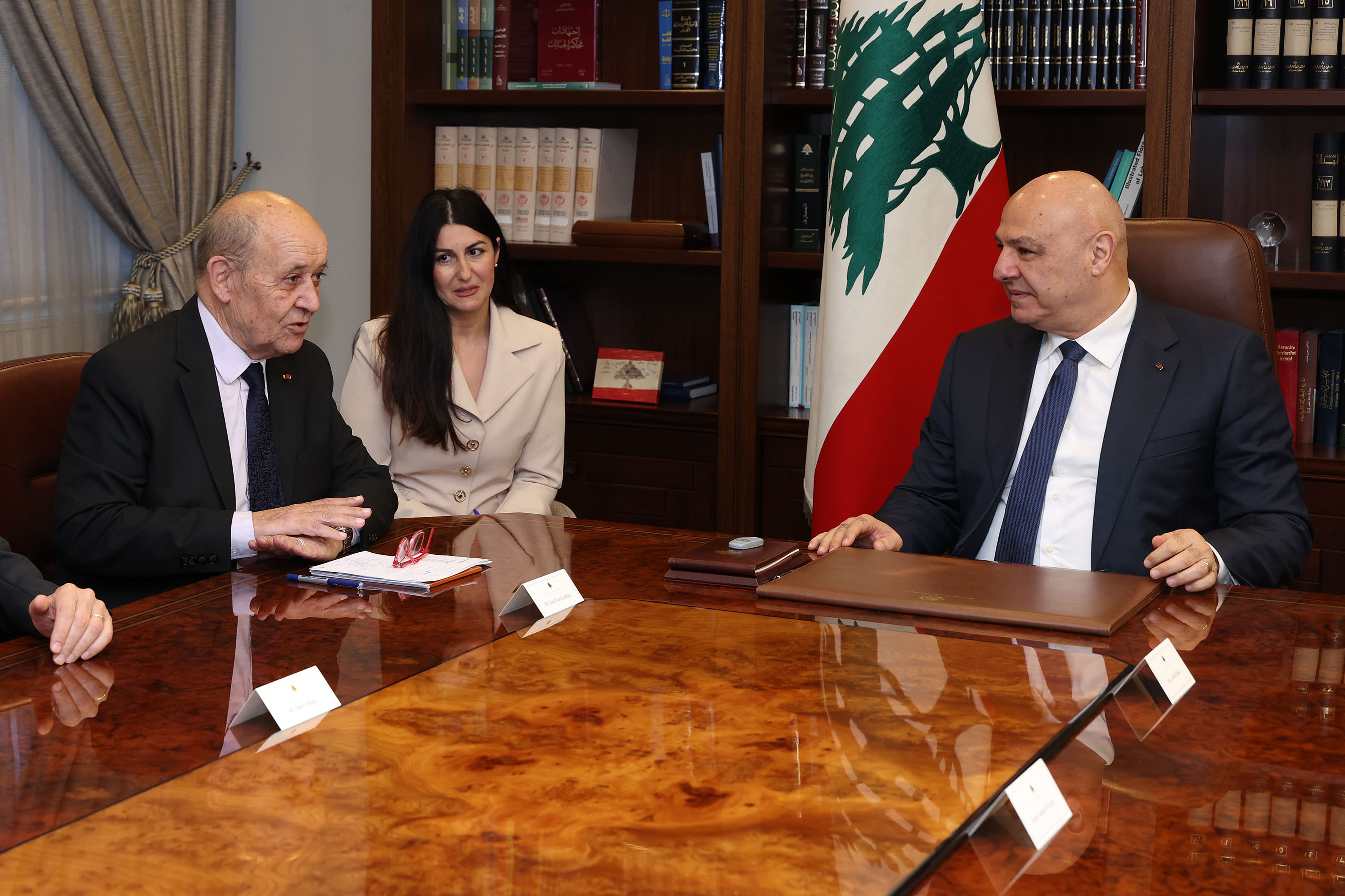 Lebanese president Joseph Aoun, right, meets with French special envoy to Lebanon Jean-Yves Le Drian, left, at the presidential palace in Baabda, east of Beirut, on 4 June 2026.