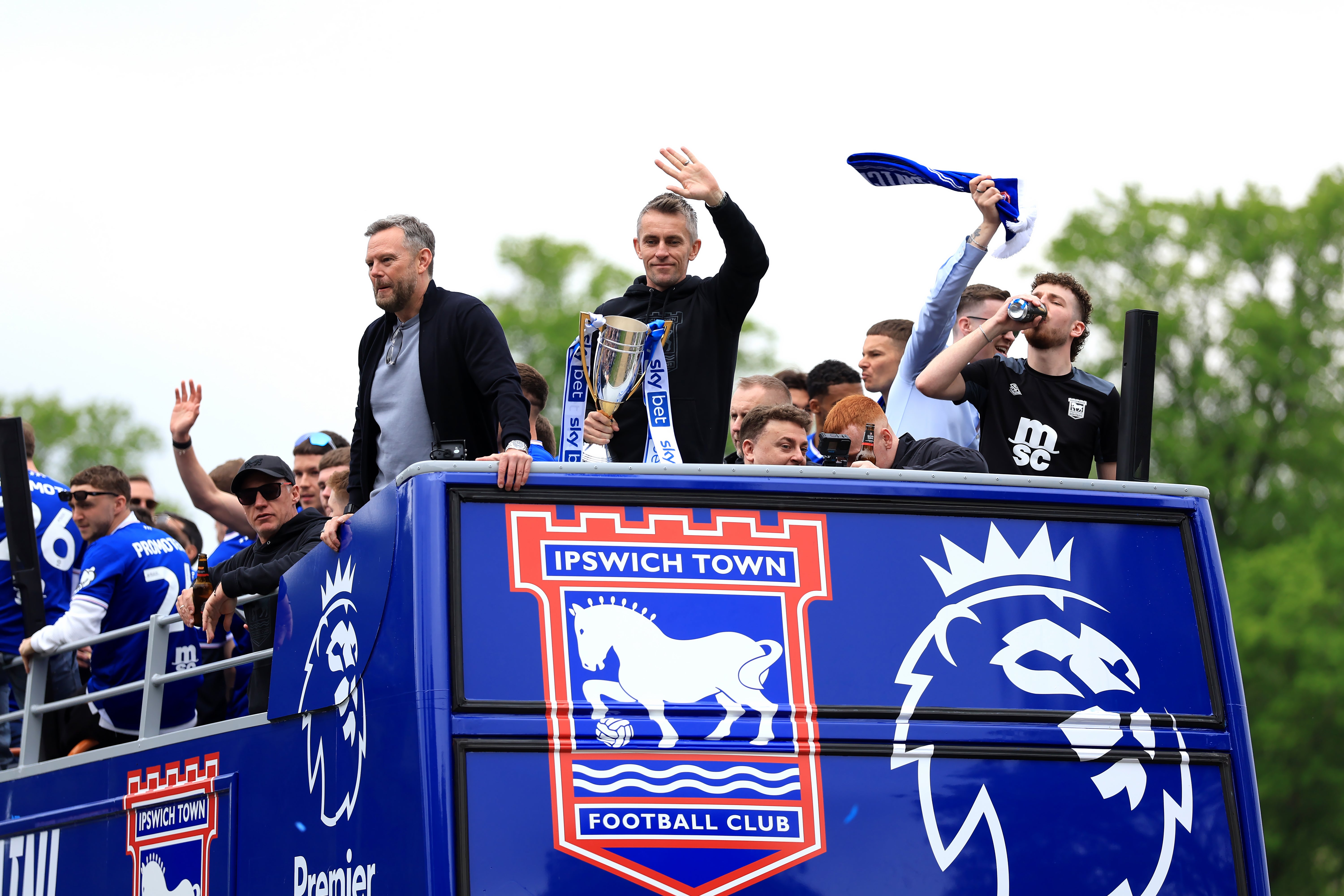 Ipswich Town manager Kieran McKenna during a victory parade in Ipswich