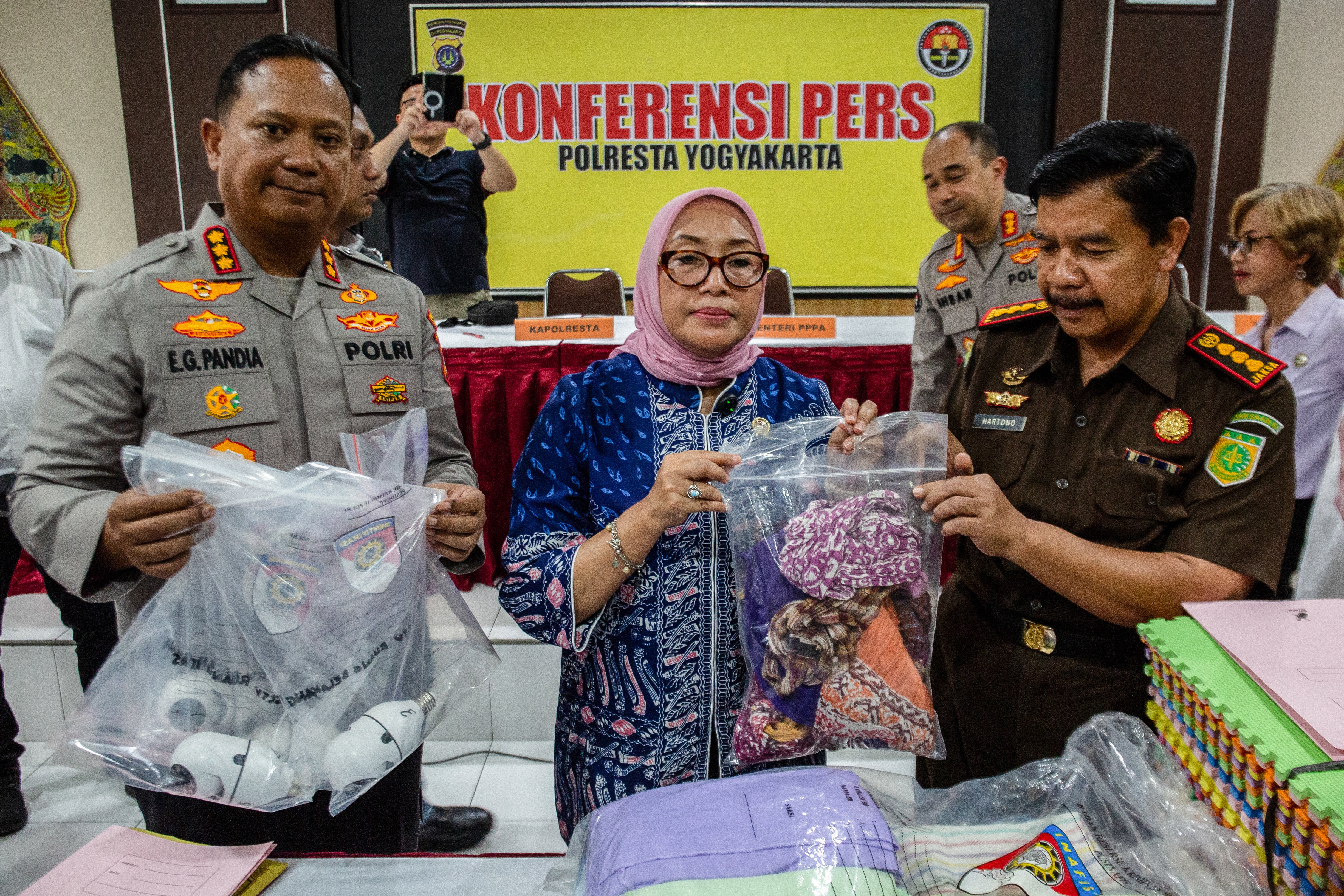 Arifah Choiri Fauzi, minister for women's empowerment and child protection, speaks about a child abuse probe at a daycare centre in Yogyakarta on 27 April 2026