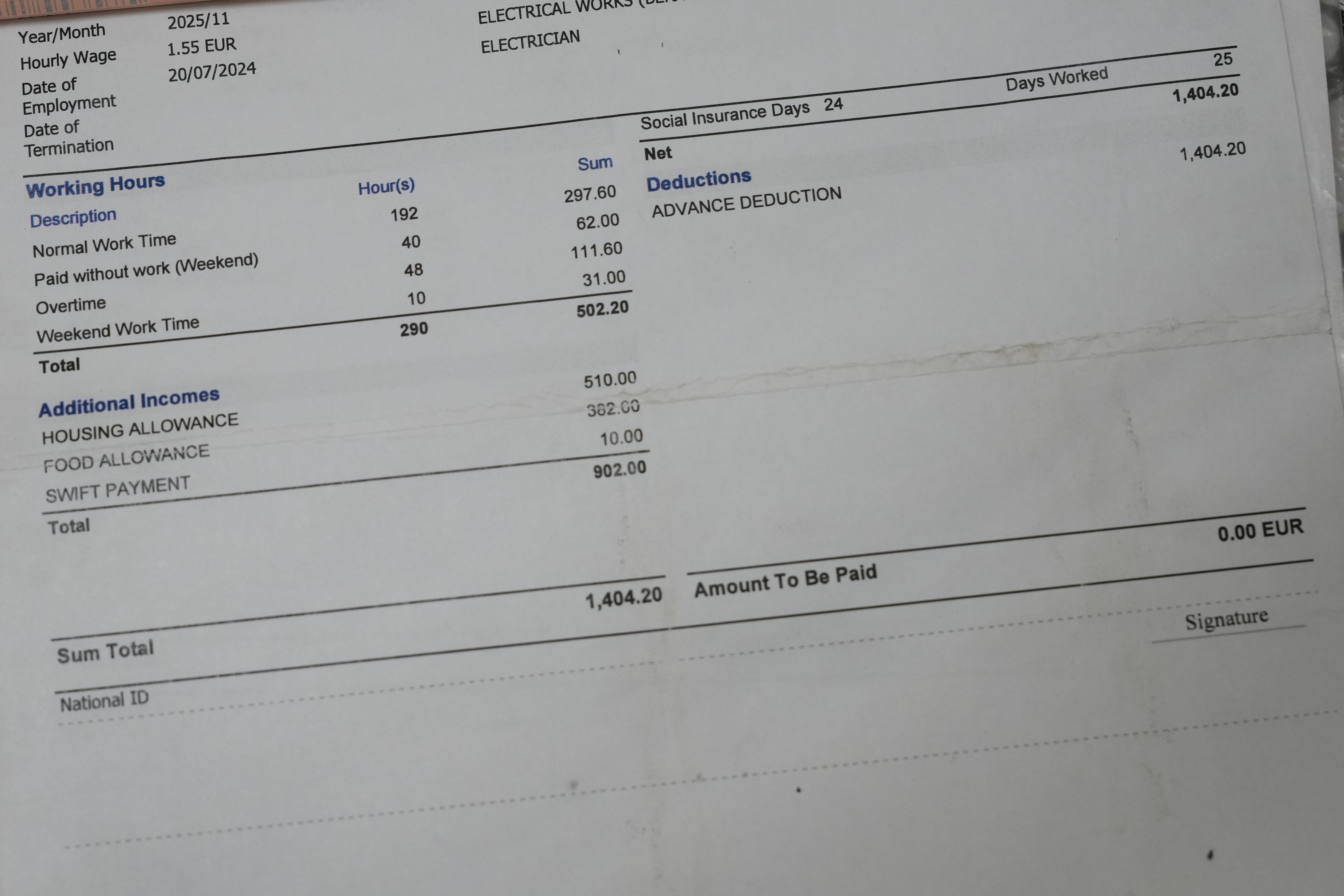 A view of the salary slip of a former Caddell company worker connected to the construction site of the new U.S. Consulate in Milan