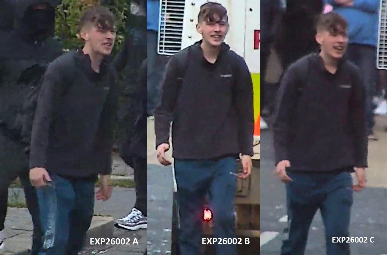 CCTV images issued by Police Service of Northern Ireland of a man they would like to identify in connection with serious public disorder (PA)