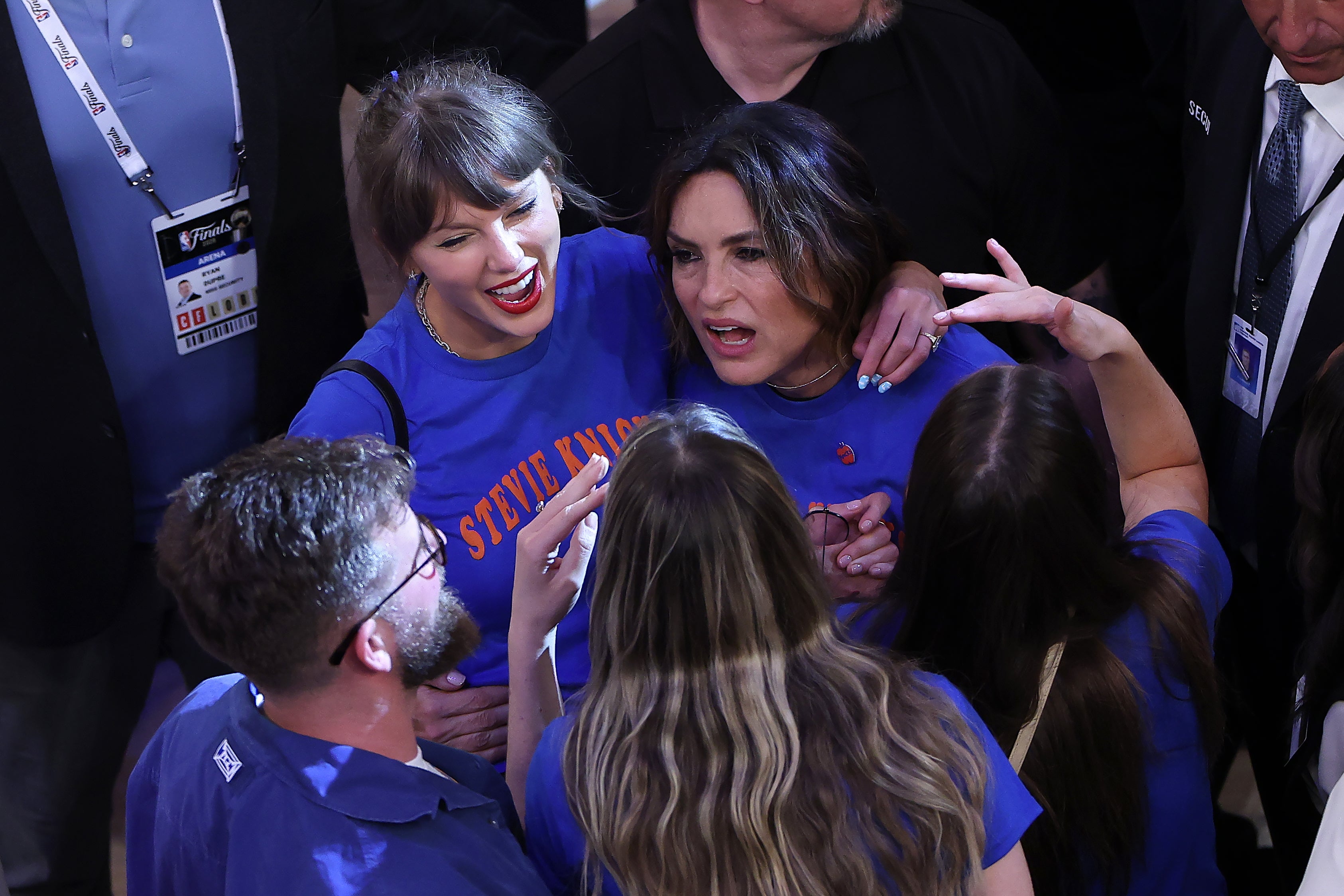 Taylor Swift and Mariska Hargitay react after Game Four of the 2026 NBA Finals between the San Antonio Spurs and the New York Knicks (Getty)