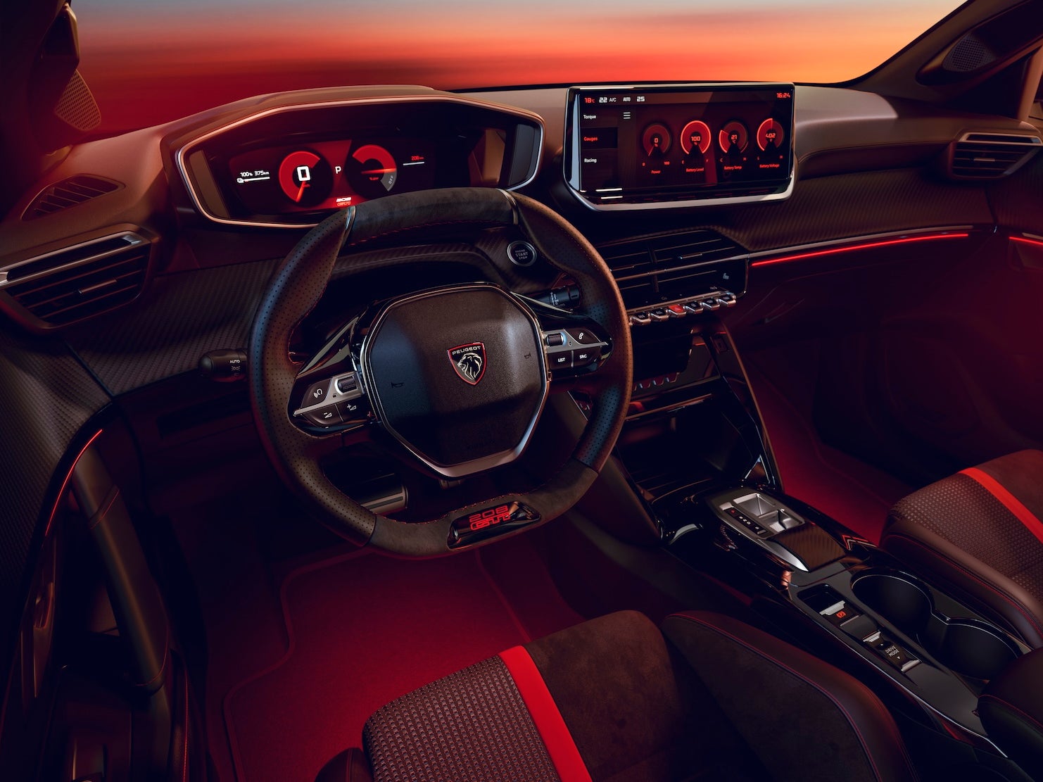 The inside of the Peugeot E-208 GTi is also inspired by the 208 GTi with loads of red detailing including red carpets! (Peugeot)