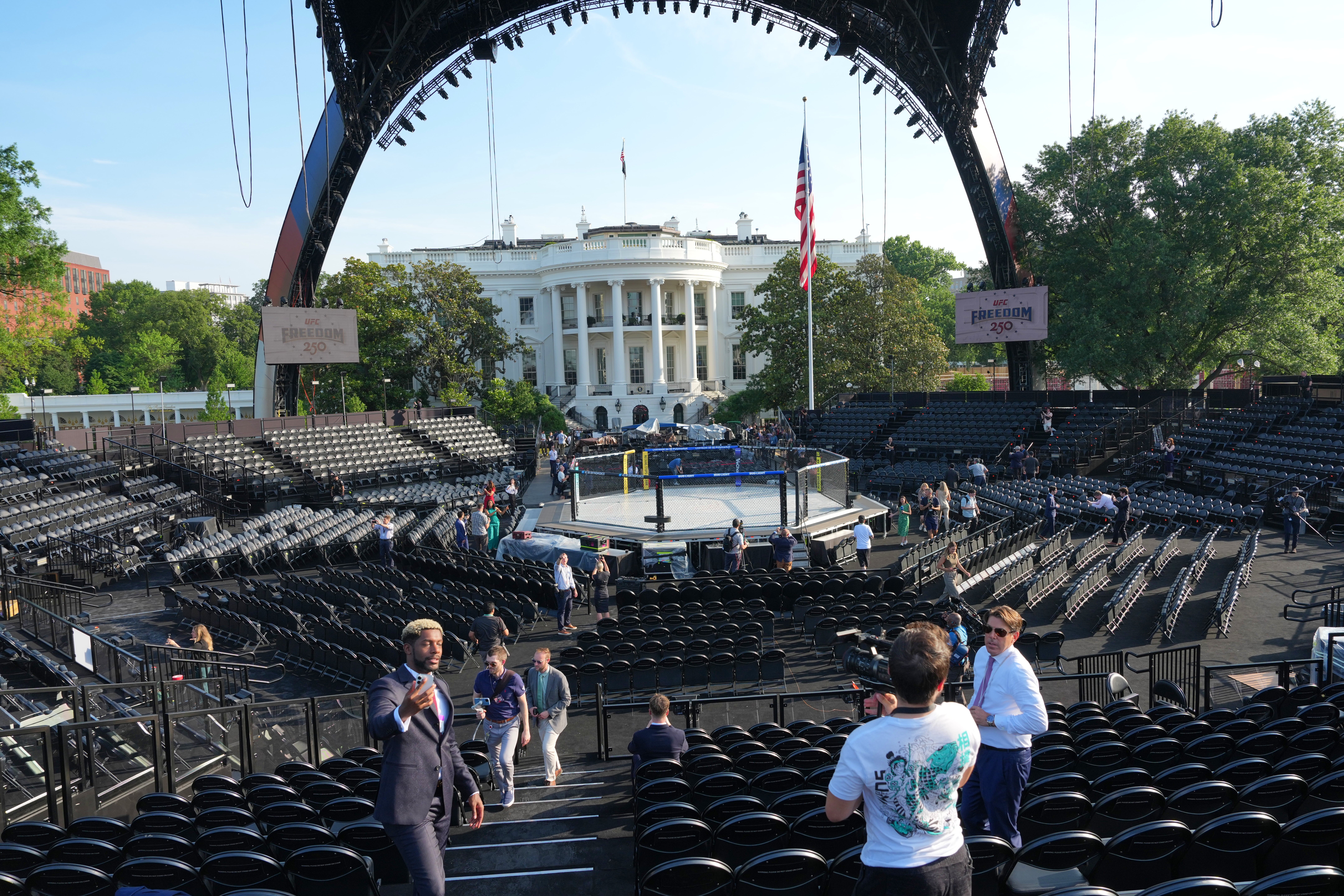 The temporary stadium can hold roughly 4,300 people, roughly 1,000 of whom are exclusively invited by President Trump, 200 invited by White and another 200 invited by Ari Emanuel, chair of UFC’s parent company, and another 1,200 will be active duty service members