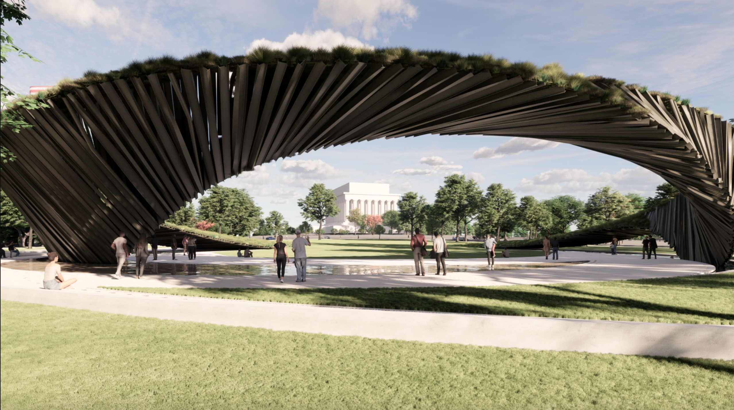 A rendering of the proposed Global War on Terrorism Memorial in Washington, D.C. shows a metal crescent sculpture — made from 'reclaimed war steel' — that will serve as a central feature of the memorial
