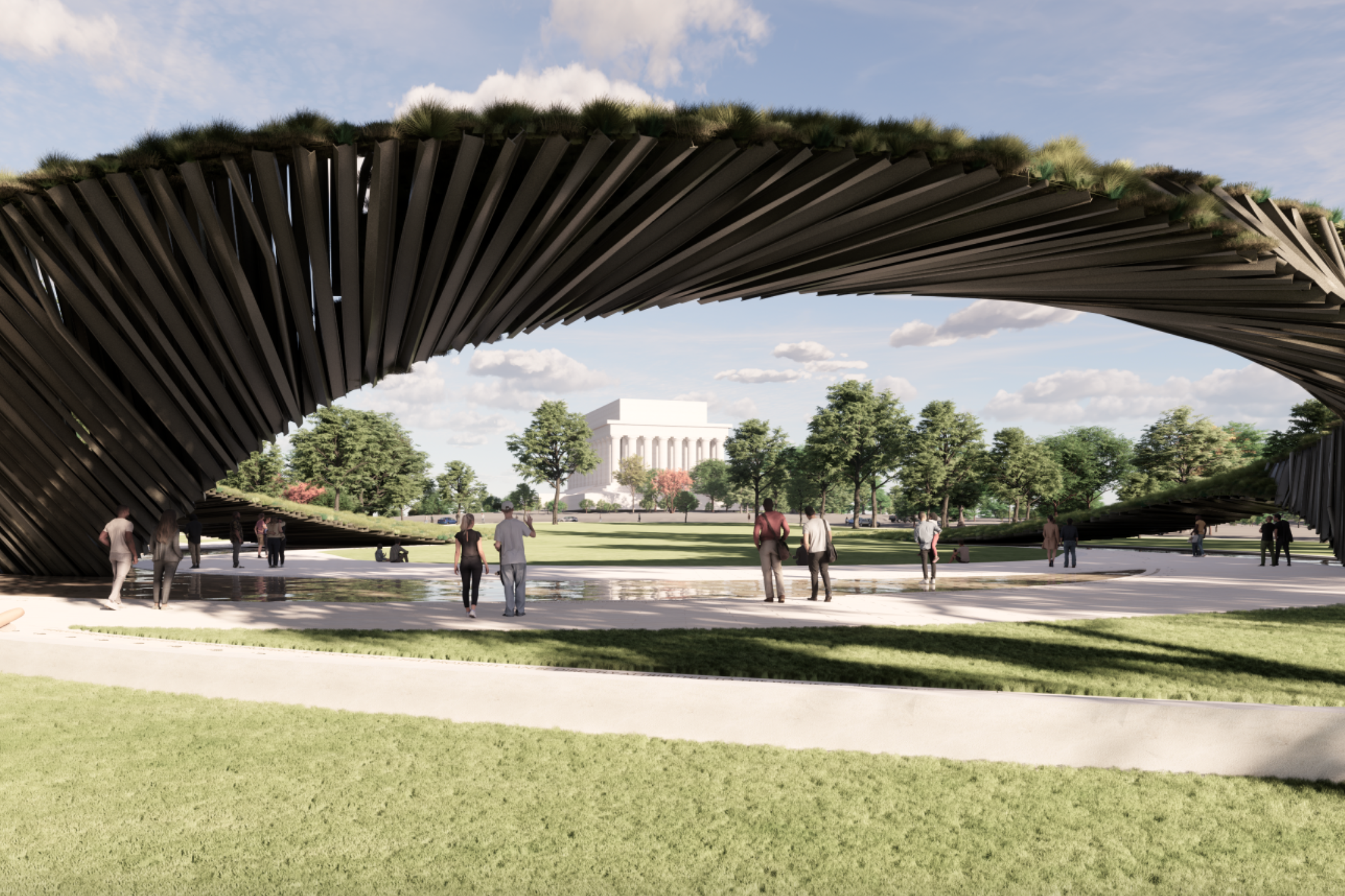 A rendering of the proposed Global War on Terrorism Memorial in Washington, D.C. shows a metal crescent sculpture — made from 'reclaimed war steel' — that will serve as a central feature of the memorial (Global War on Terrorism Memorial Foundation)